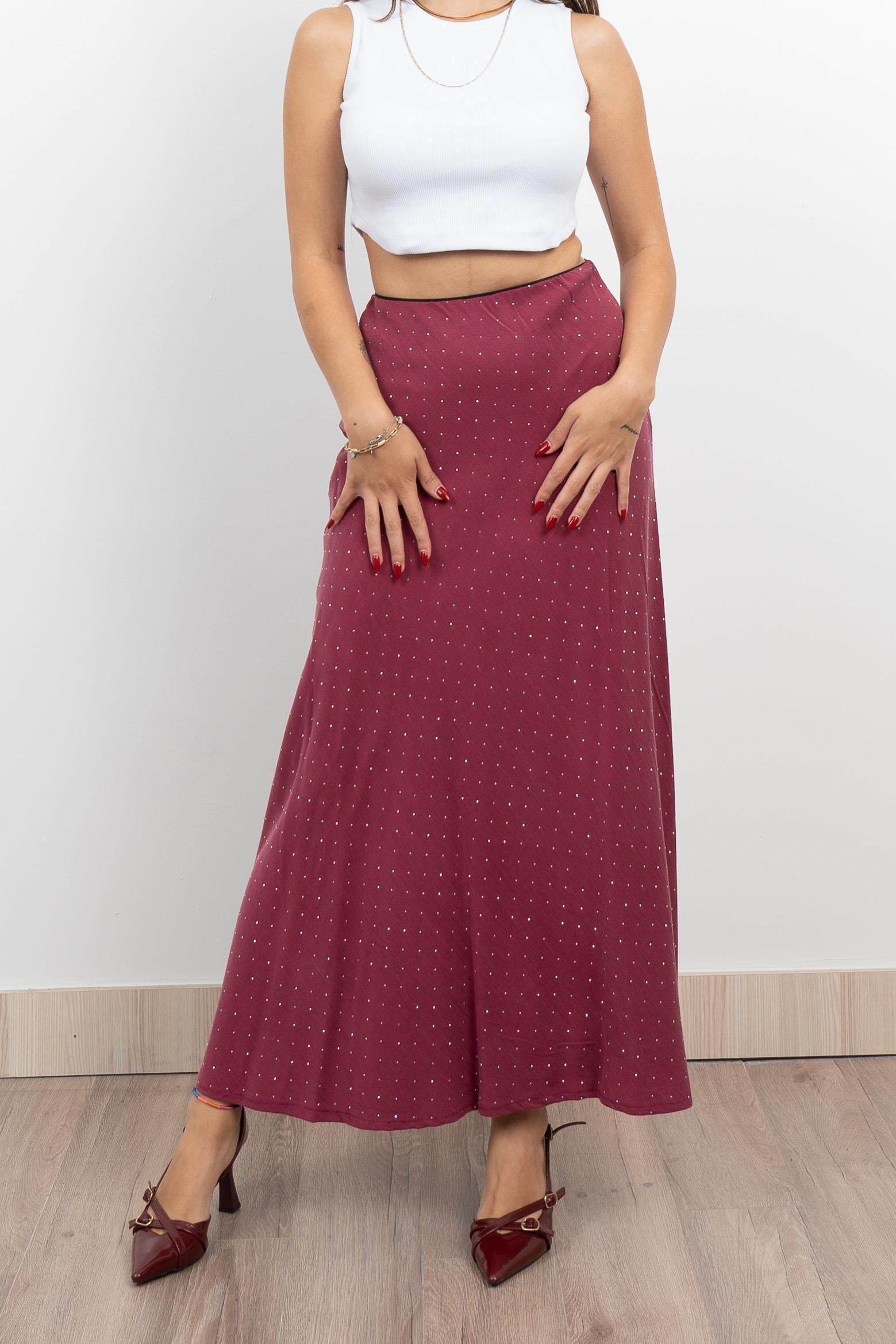 Taş Baskılı Beli Lastikli Floş Viskon Uzun Etek 6803