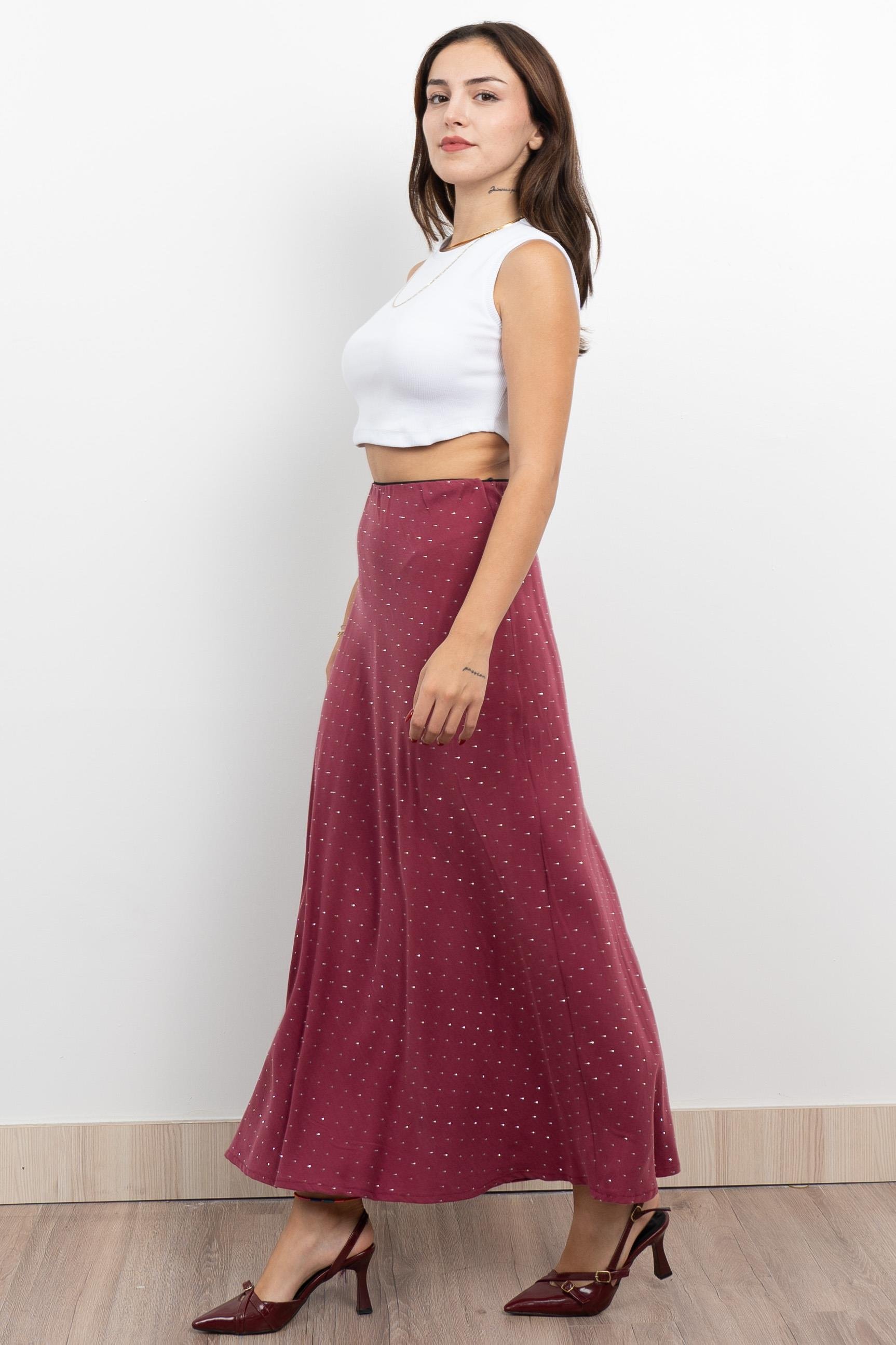 Taş Baskılı Beli Lastikli Floş Viskon Uzun Etek 6803