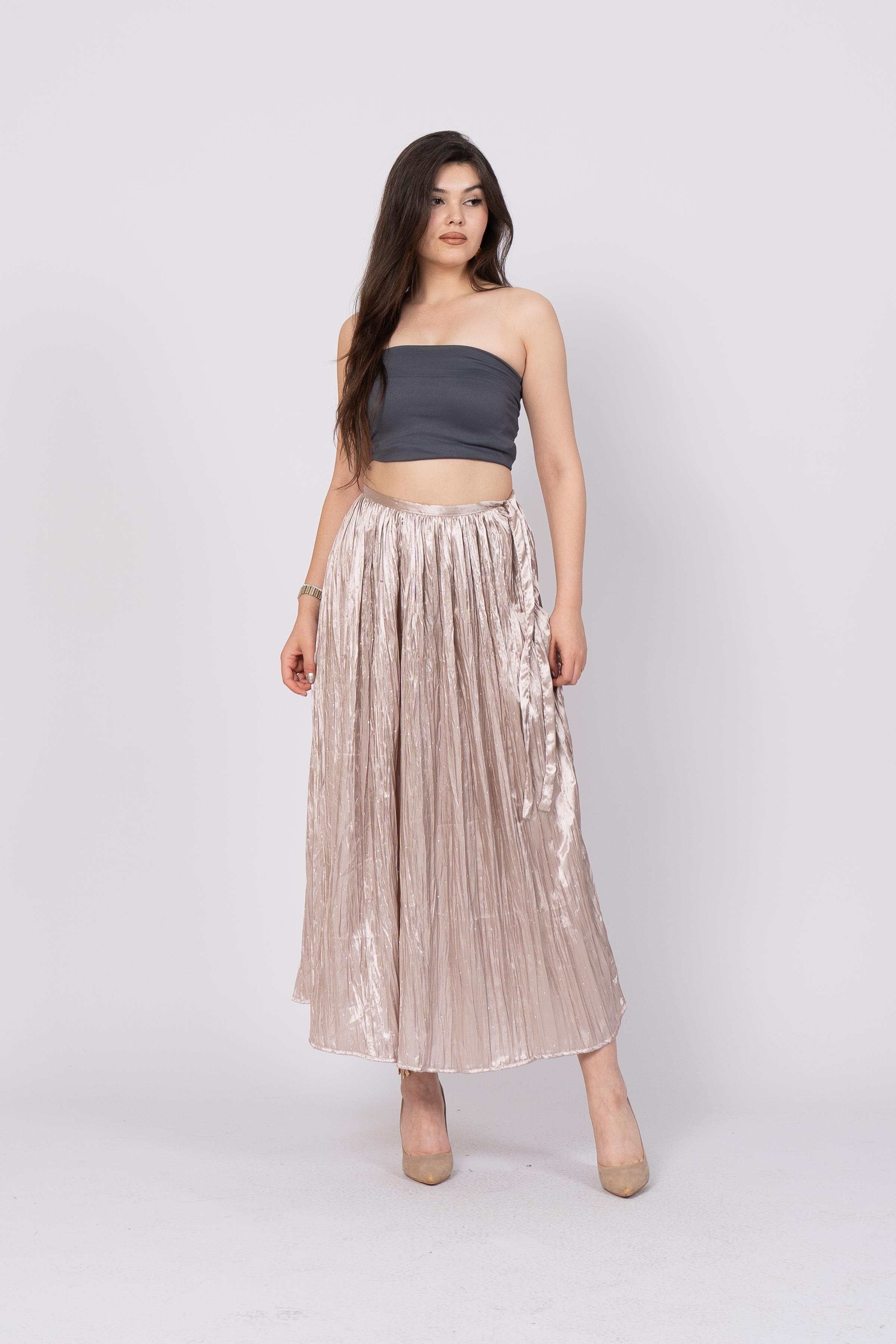 Taş Baskılı Uzun Saten Verev Etek 6786