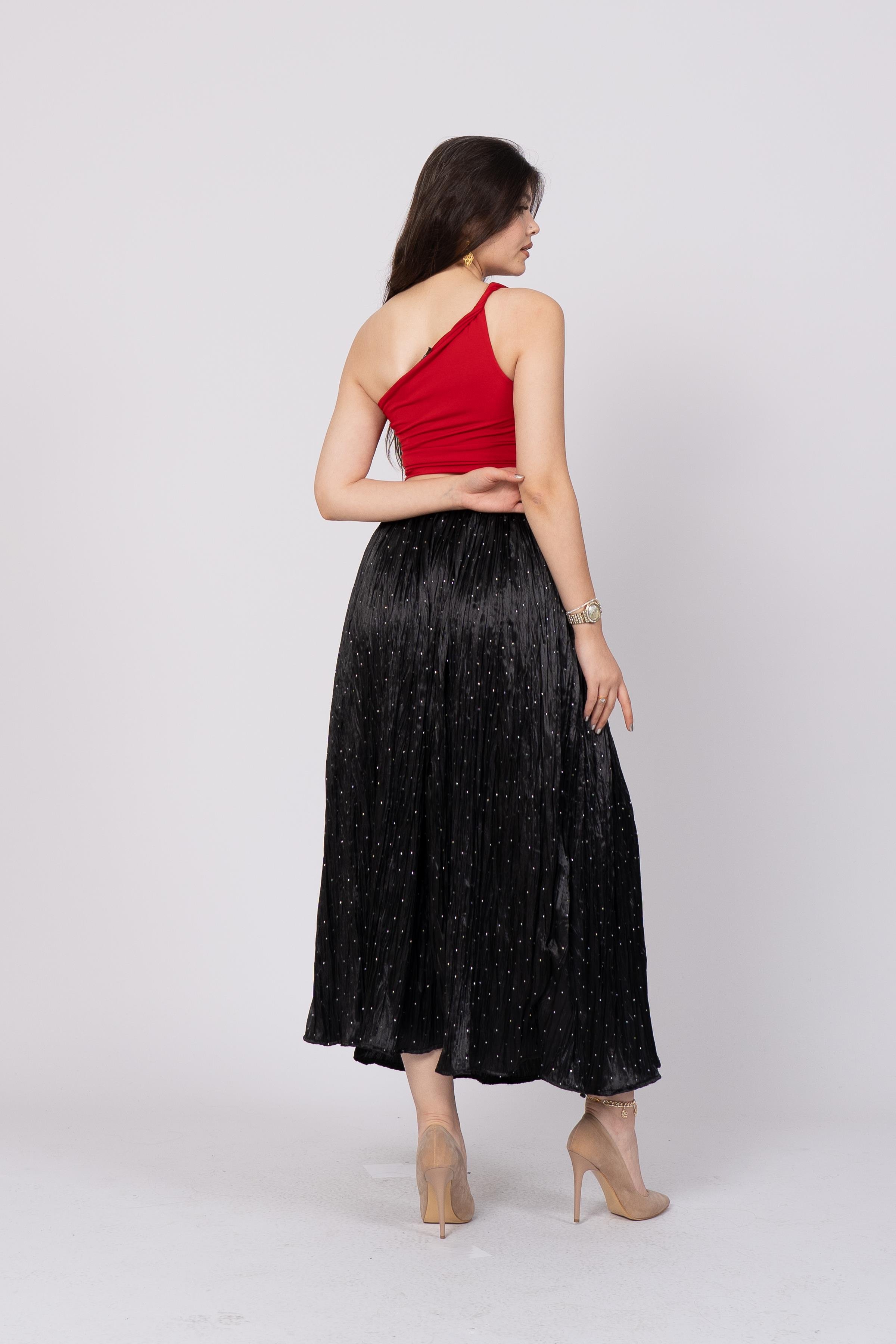 Taş Baskılı Uzun Saten Verev Etek 6786