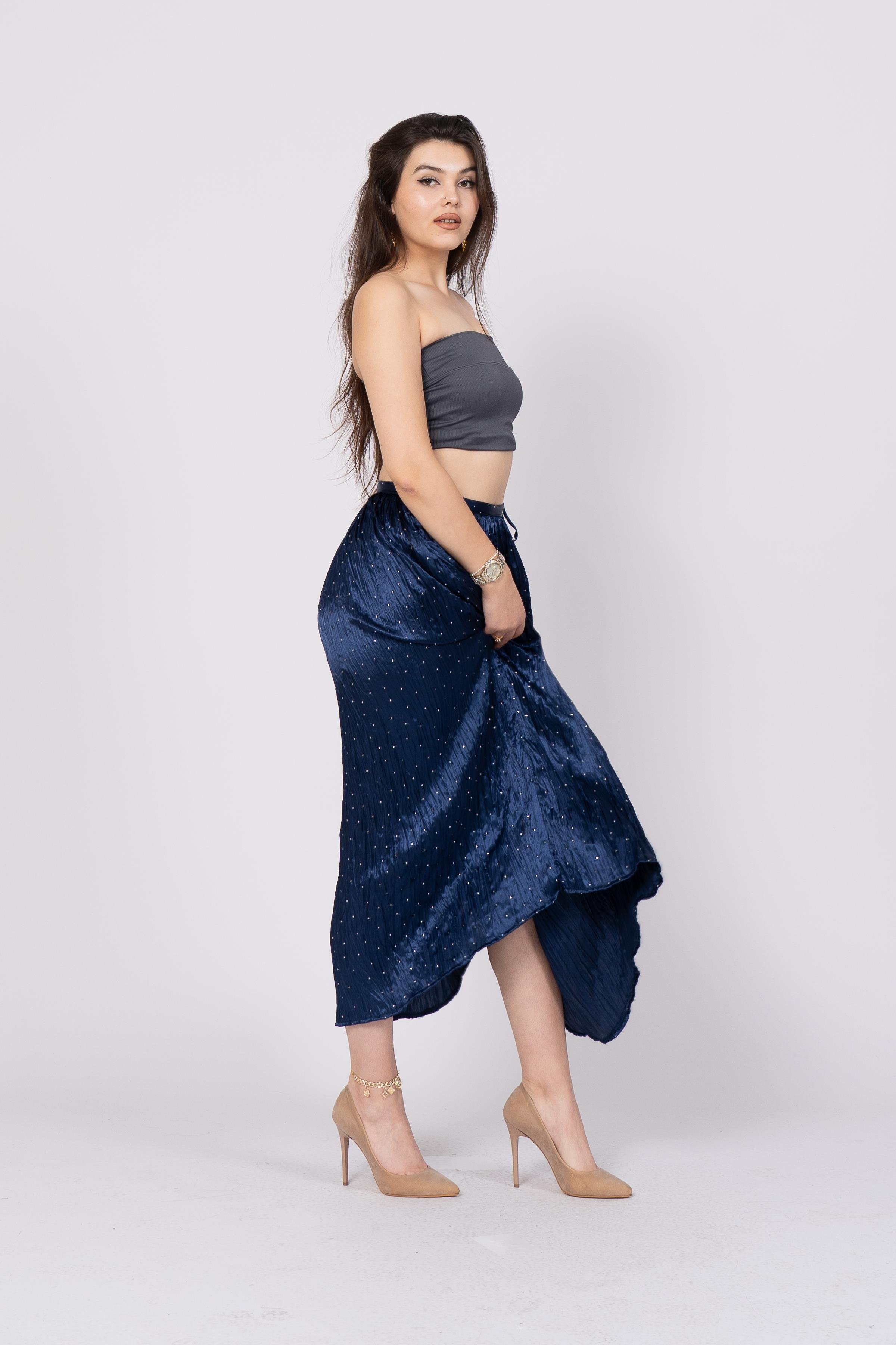 Taş Baskılı Uzun Saten Verev Etek 6786