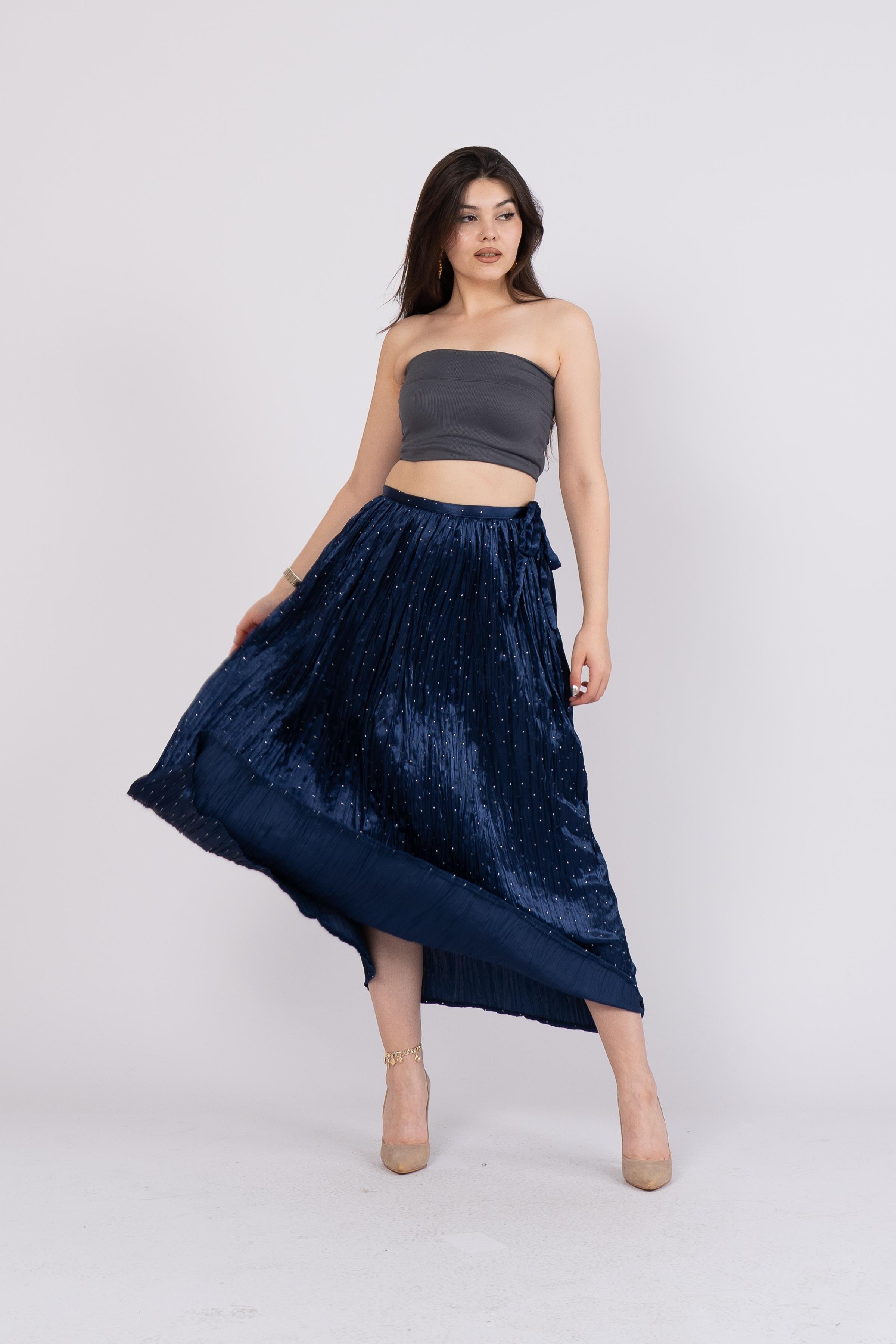 Taş Baskılı Uzun Saten Verev Etek 6786