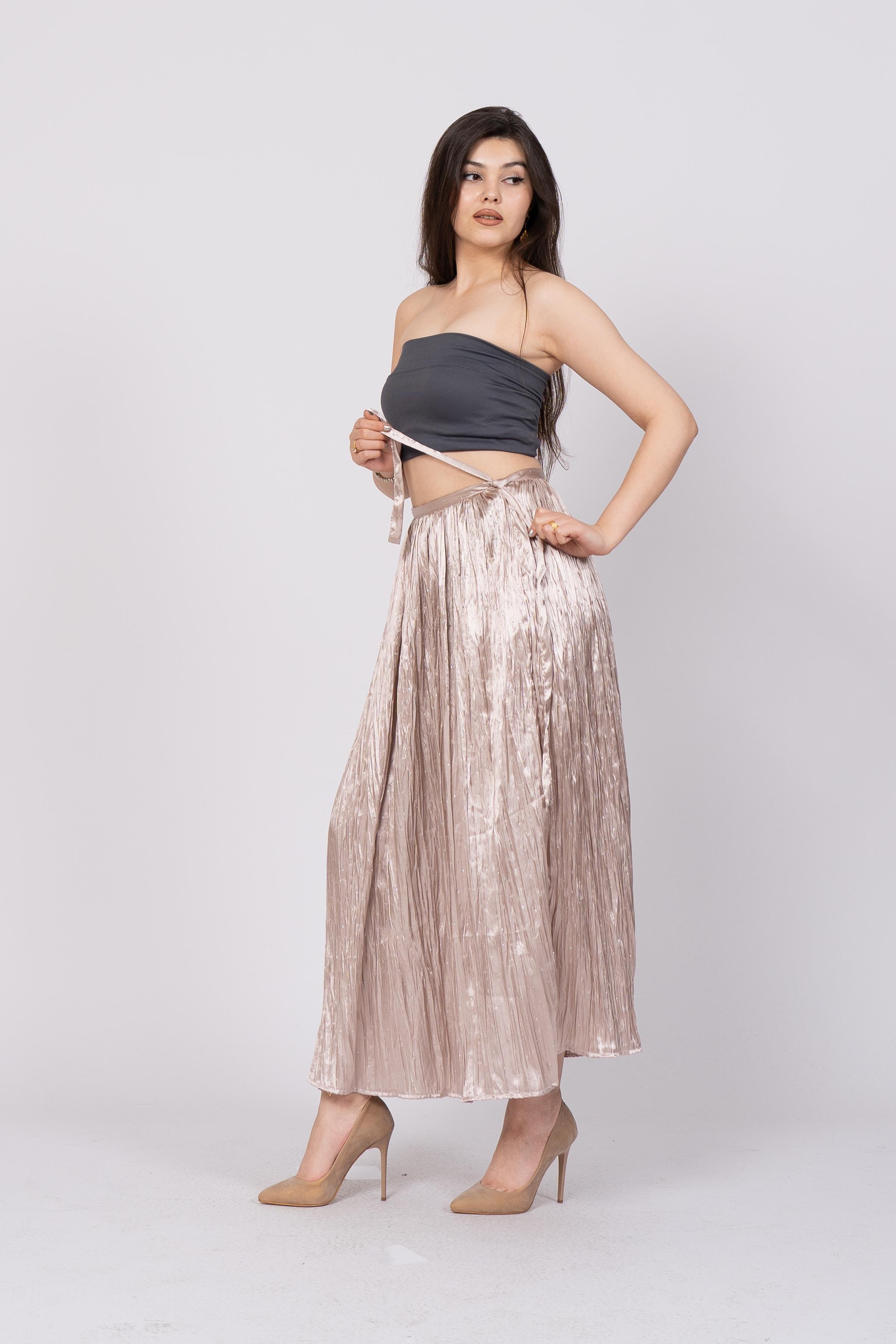 Taş Baskılı Uzun Saten Verev Etek 6786