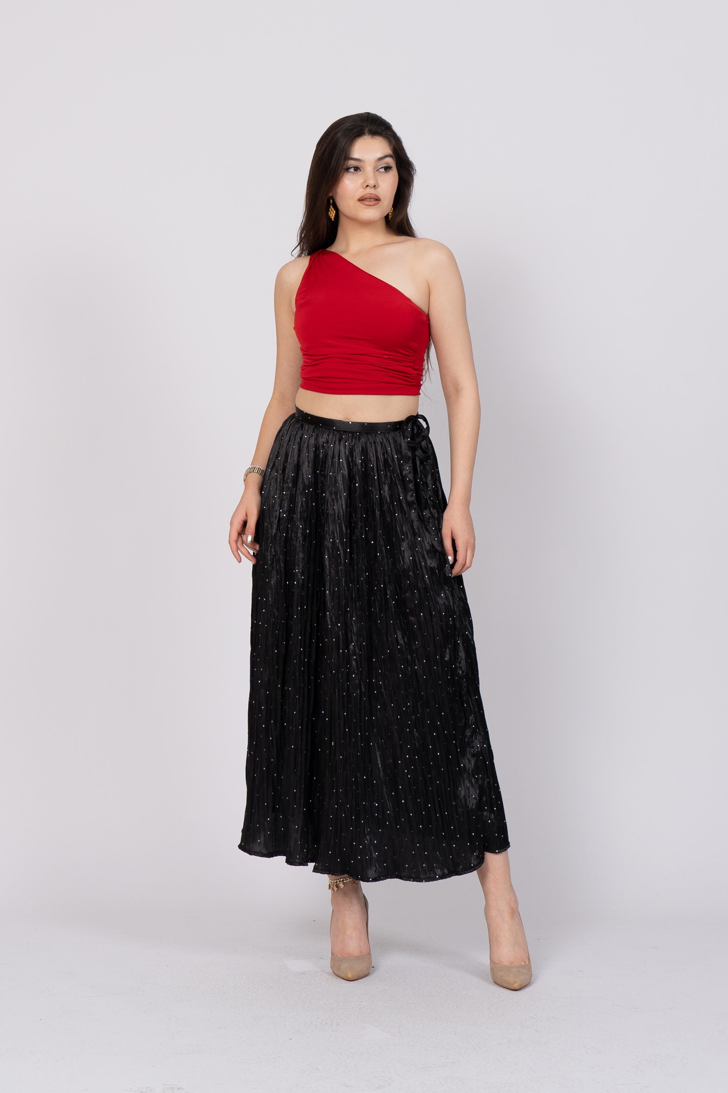 Taş Baskılı Uzun Saten Verev Etek 6786