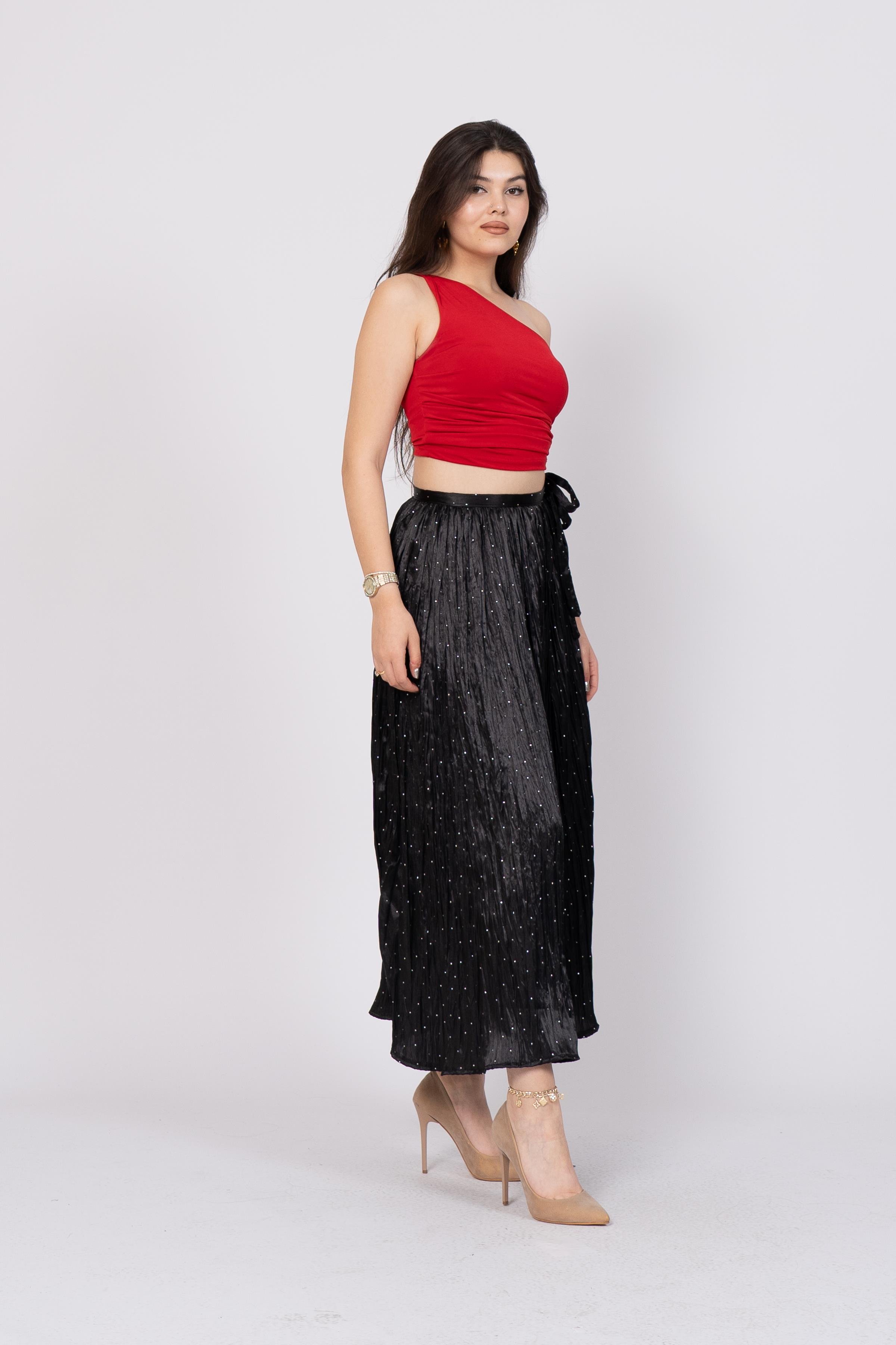 Taş Baskılı Uzun Saten Verev Etek 6786