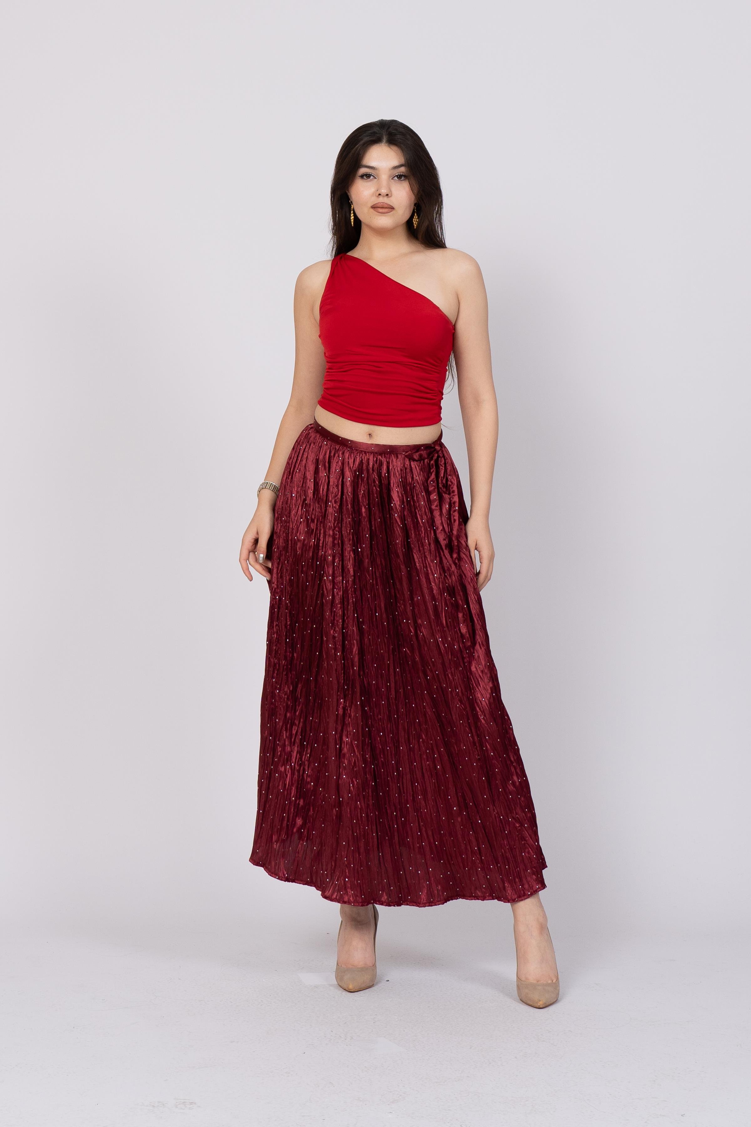 Taş Baskılı Uzun Saten Verev Etek 6786