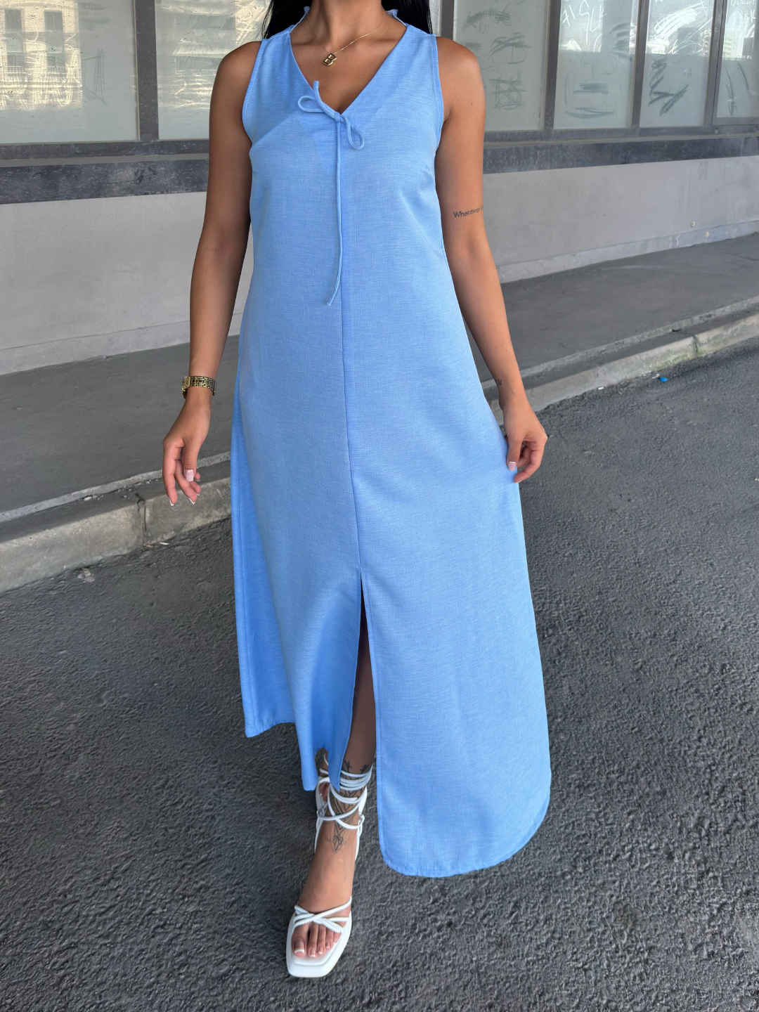 V Yaka Spagetti İp Detaylı Yırtmaçlı Uzun Elbise 50324