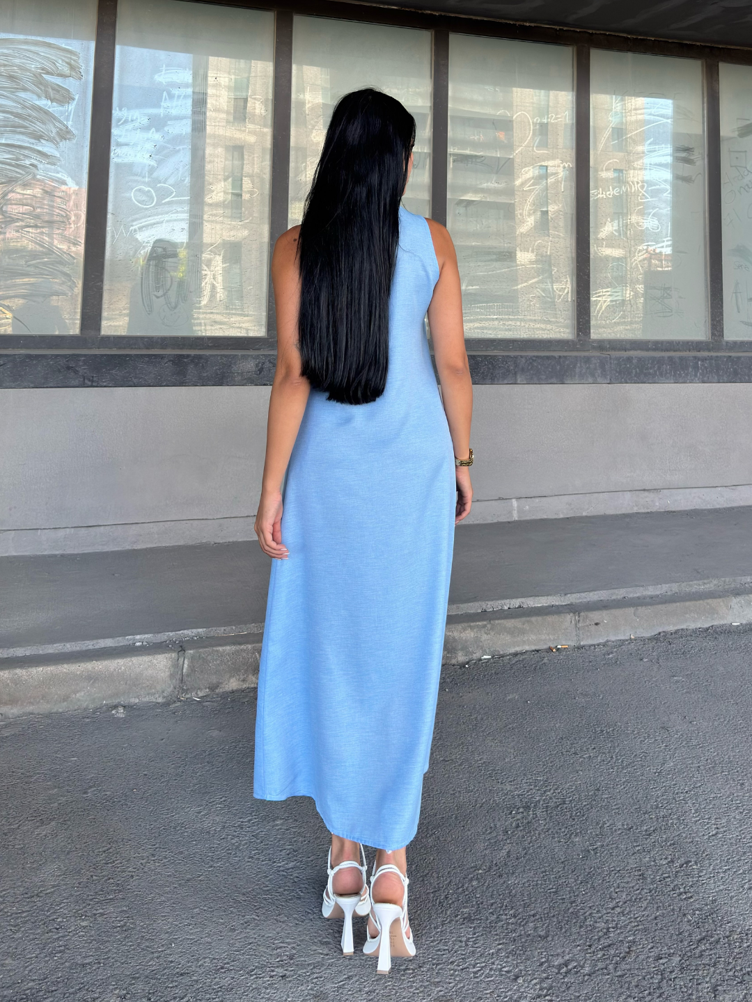 V Yaka Spagetti İp Detaylı Yırtmaçlı Uzun Elbise 50324