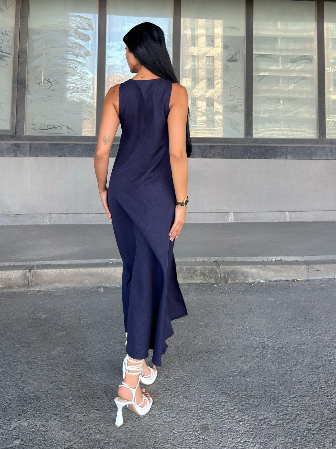 V Yaka Spagetti İp Detaylı Yırtmaçlı Uzun Elbise 50324