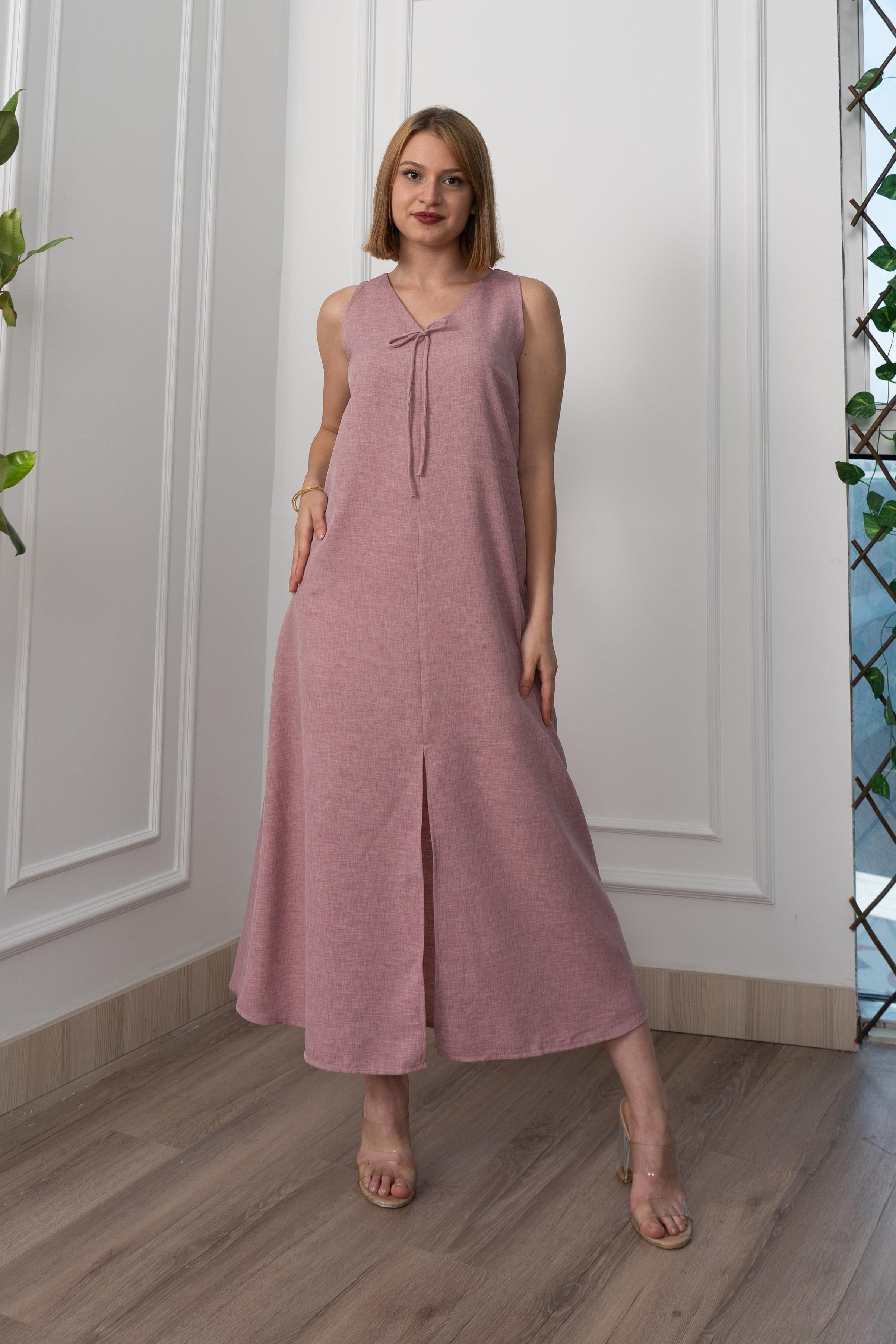 V Yaka Spagetti İp Detaylı Yırtmaçlı Uzun Elbise 50324