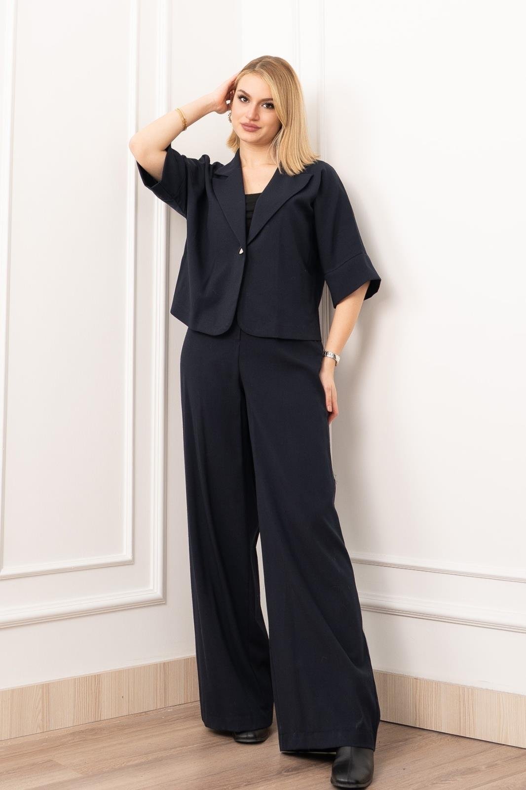 Vera Viskon Premium Takım – Kısa Kol Ceket & Lastikli Pantolon 1269