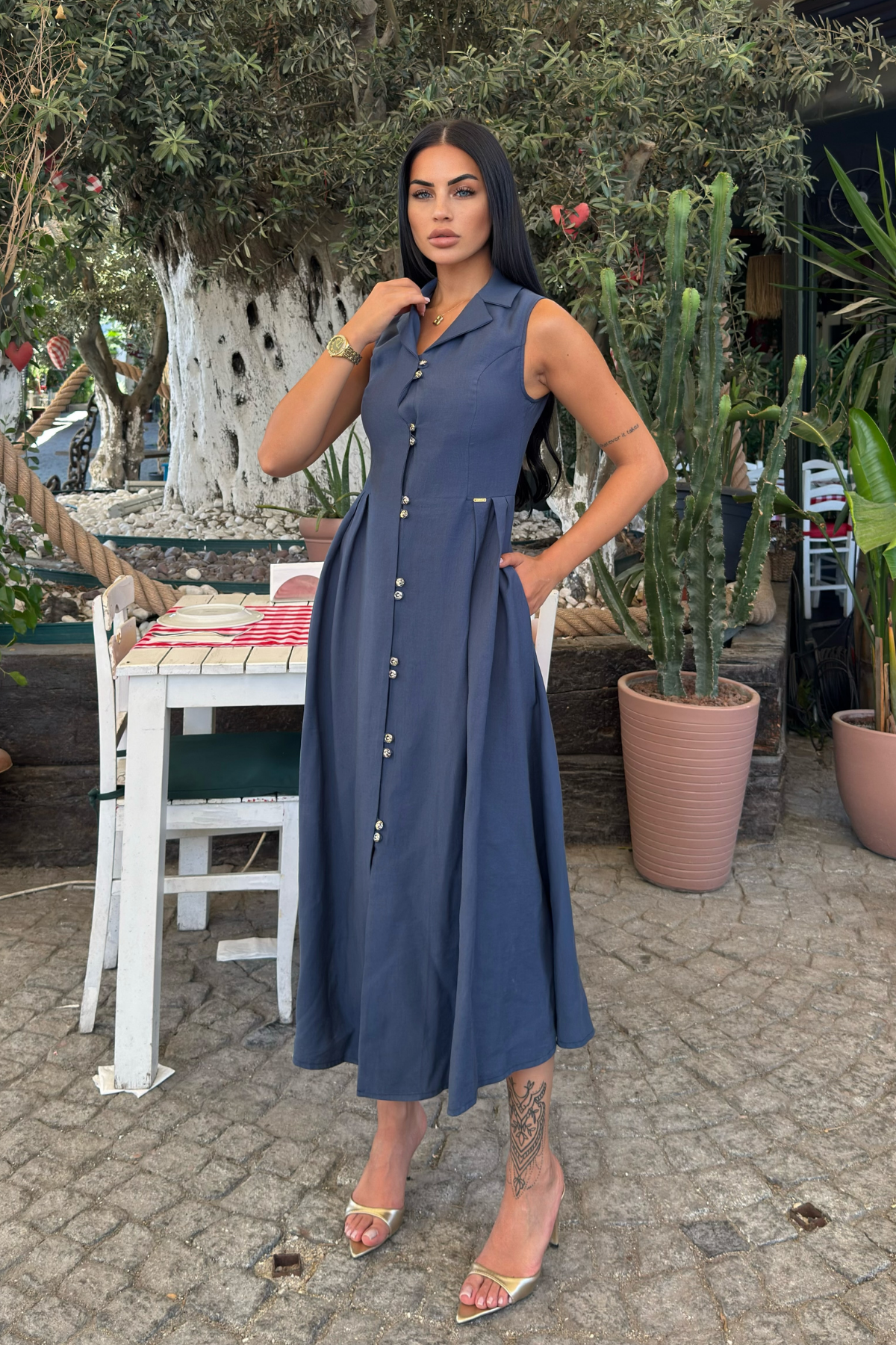 Yakalı Uzun Biritli Elbise 50325