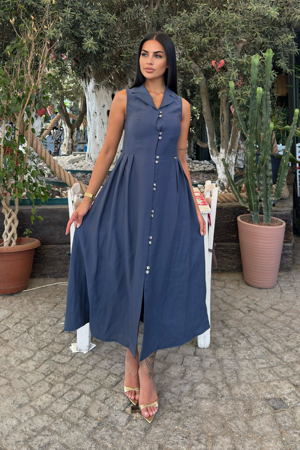 Yakalı Uzun Biritli Elbise 50325