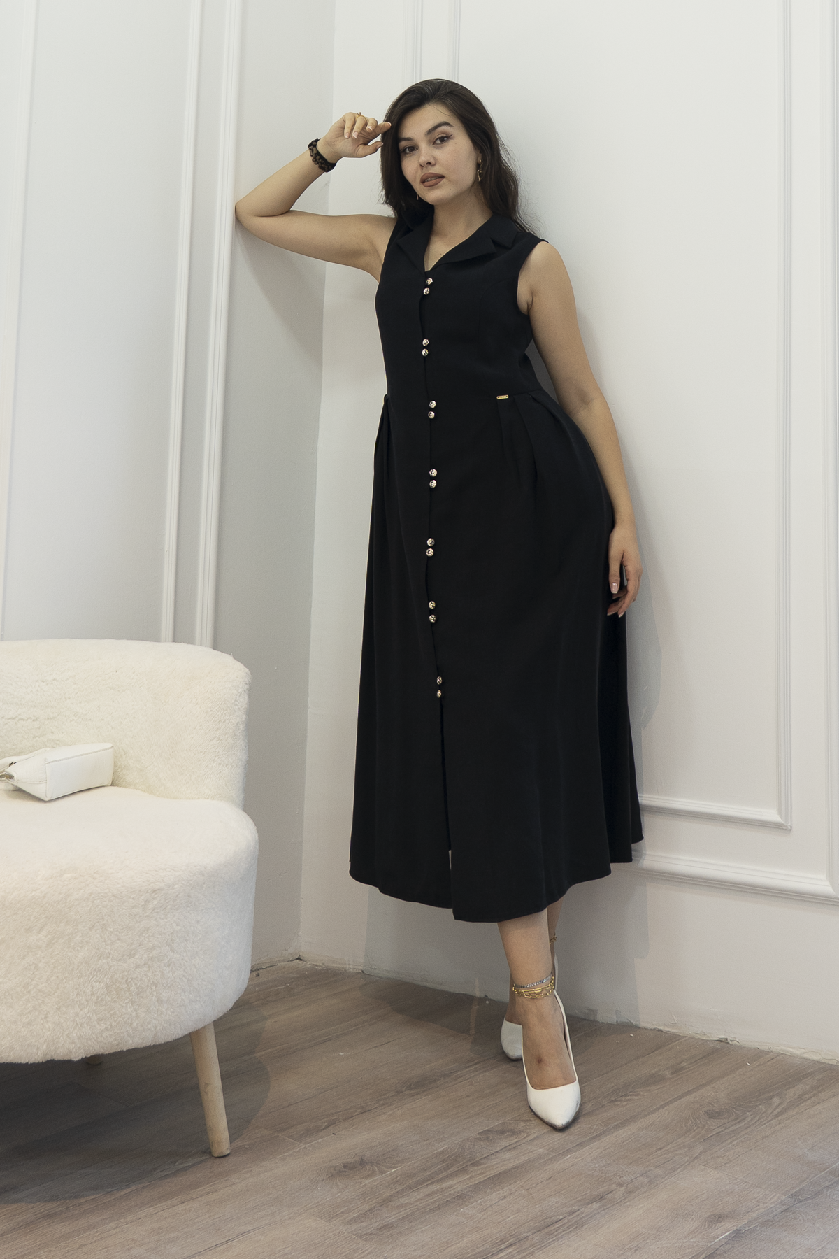 Yakalı Uzun Biritli Elbise 50325