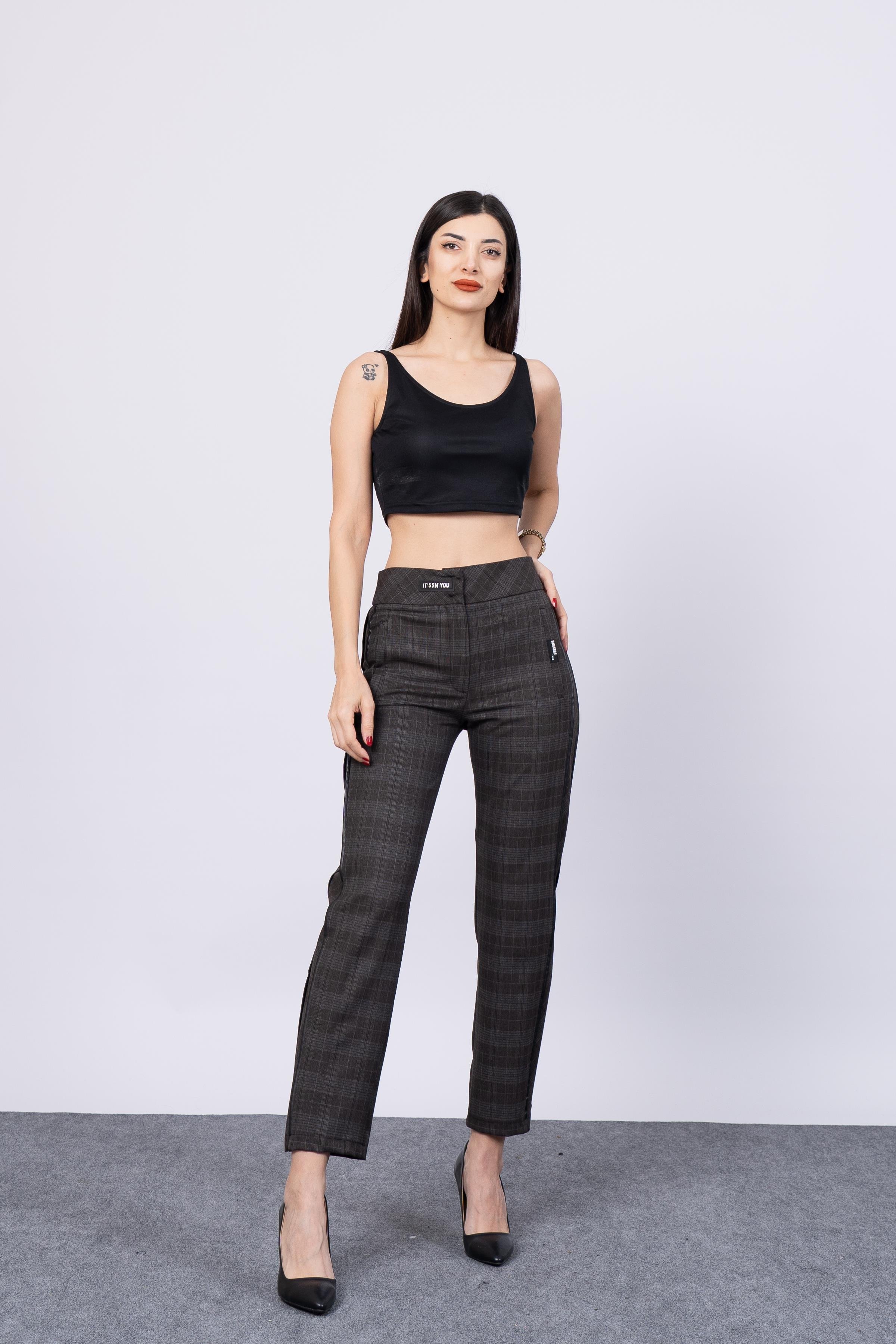 Yan Deri Şerit Detaylı Havuç Paça Desenli Pantolon 30187