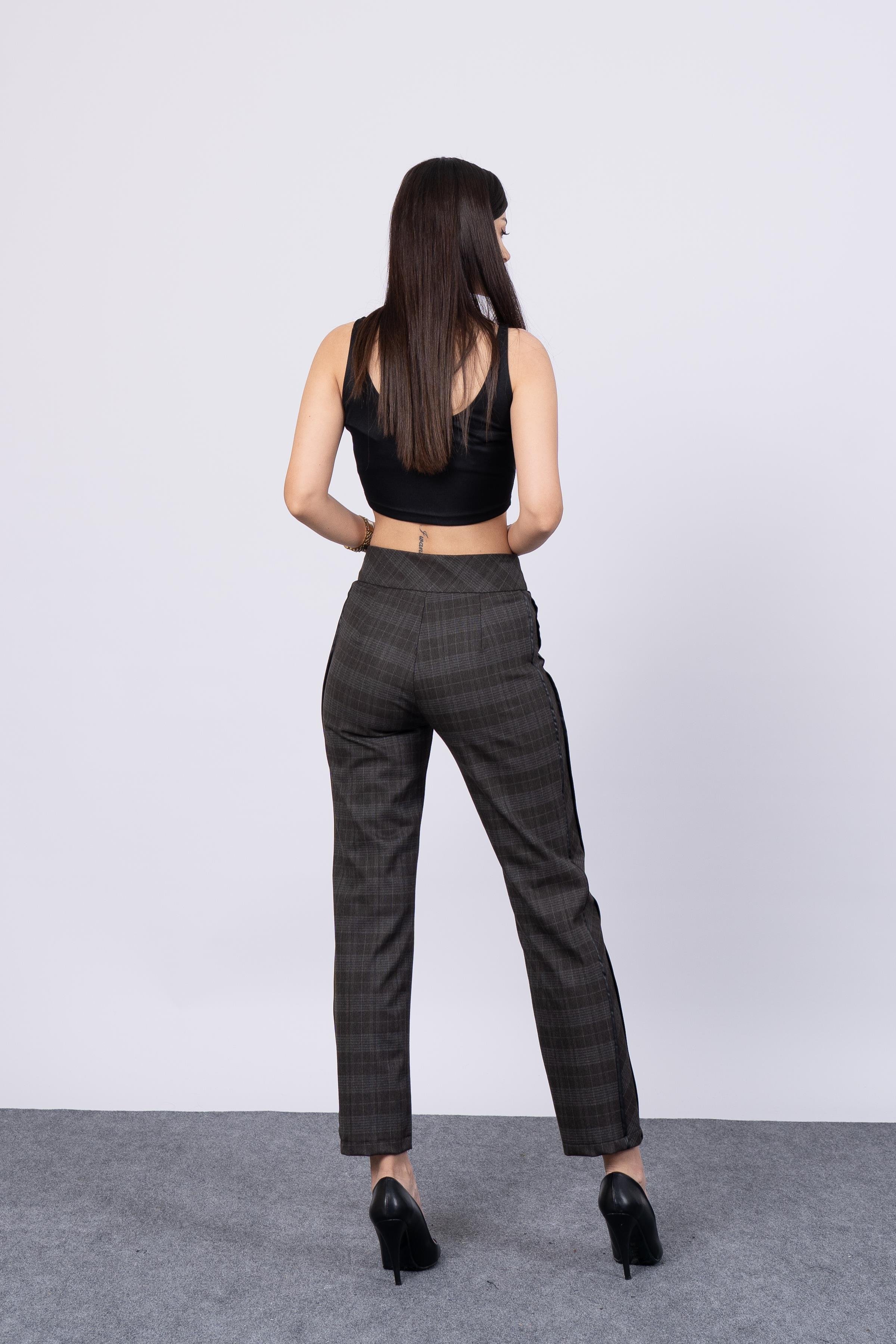 Yan Deri Şerit Detaylı Havuç Paça Desenli Pantolon 30187