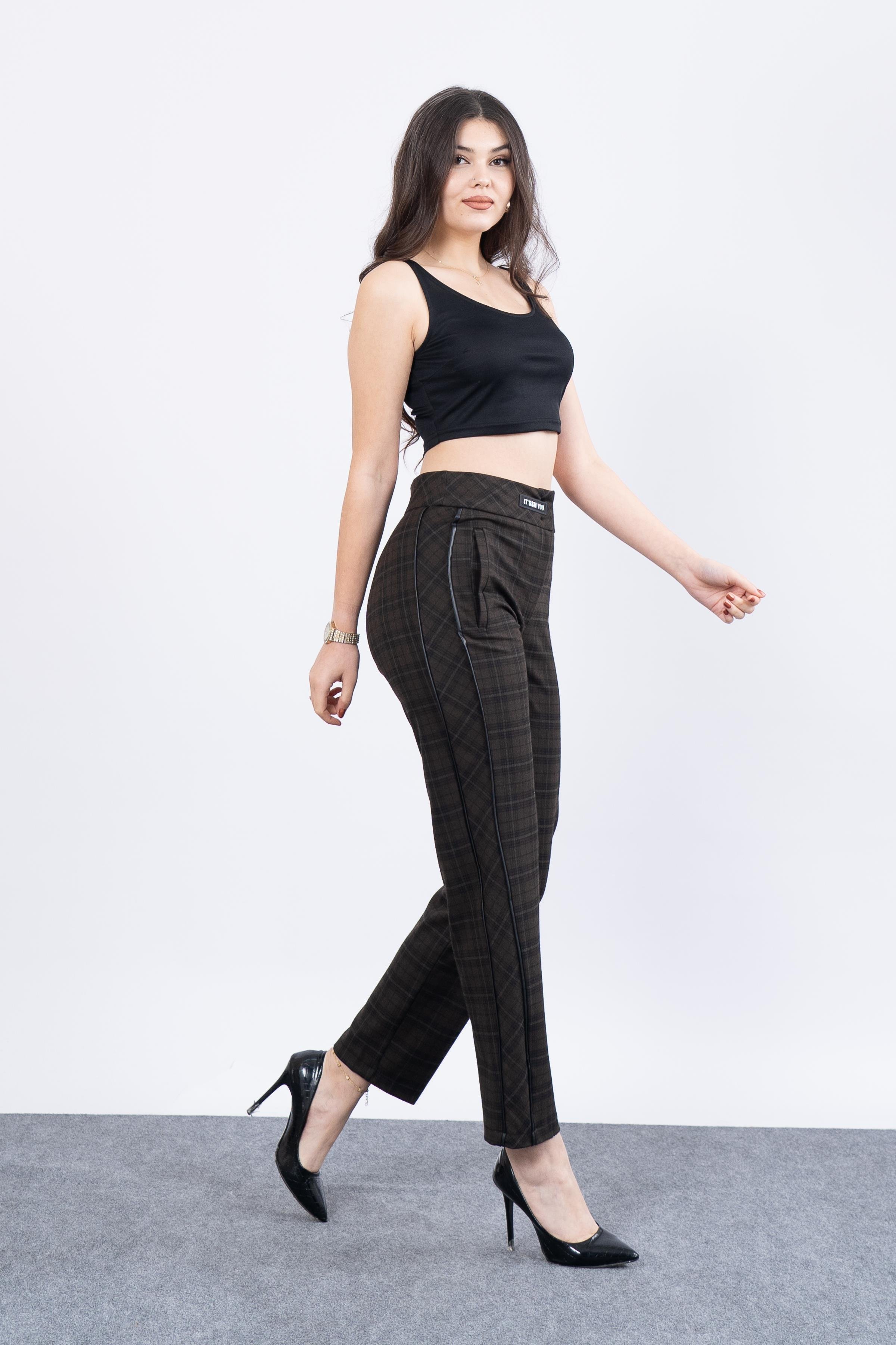 Yan Deri Şerit Detaylı Havuç Paça Desenli Pantolon 30187