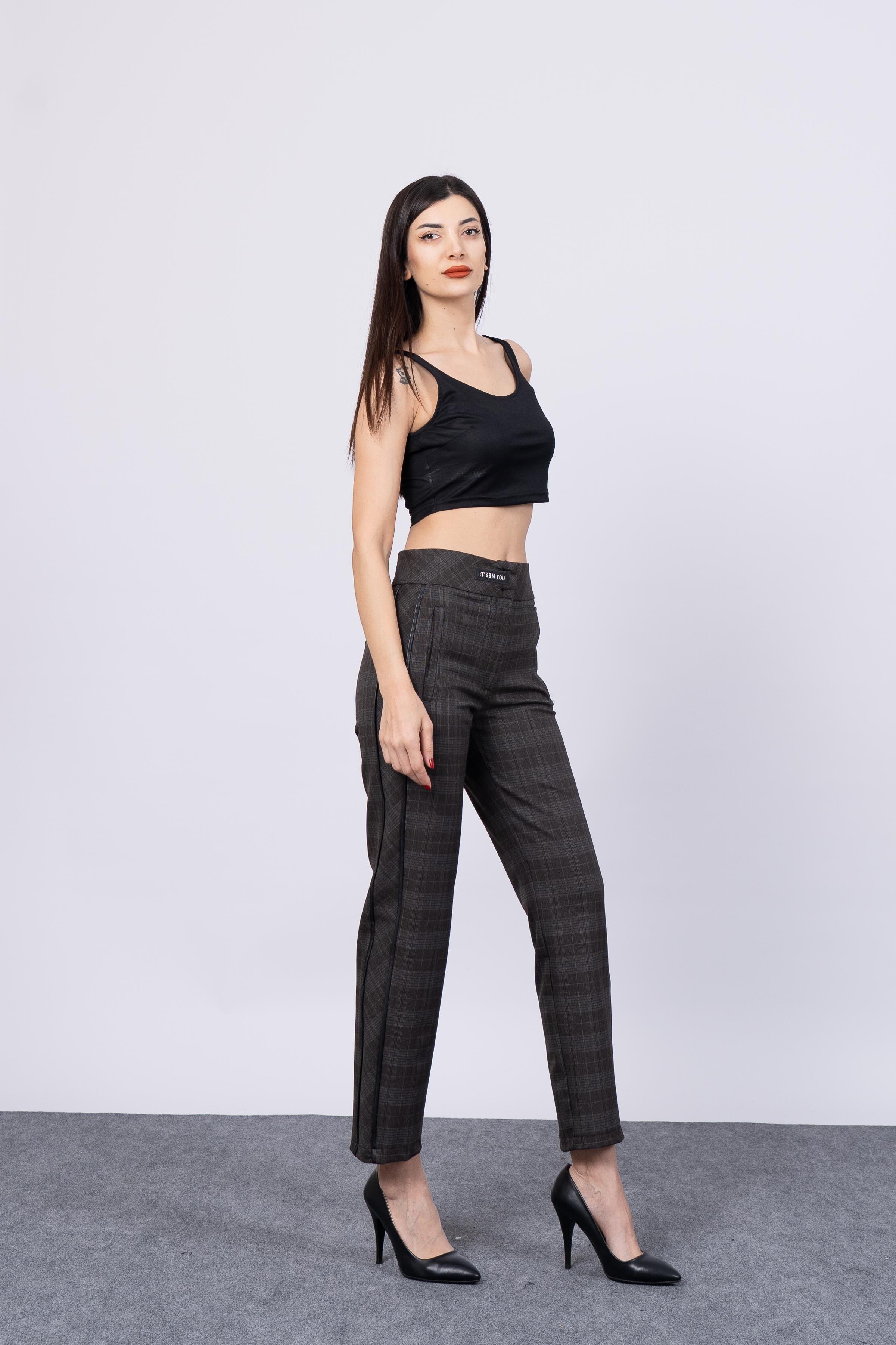 Yan Deri Şerit Detaylı Havuç Paça Desenli Pantolon 30187