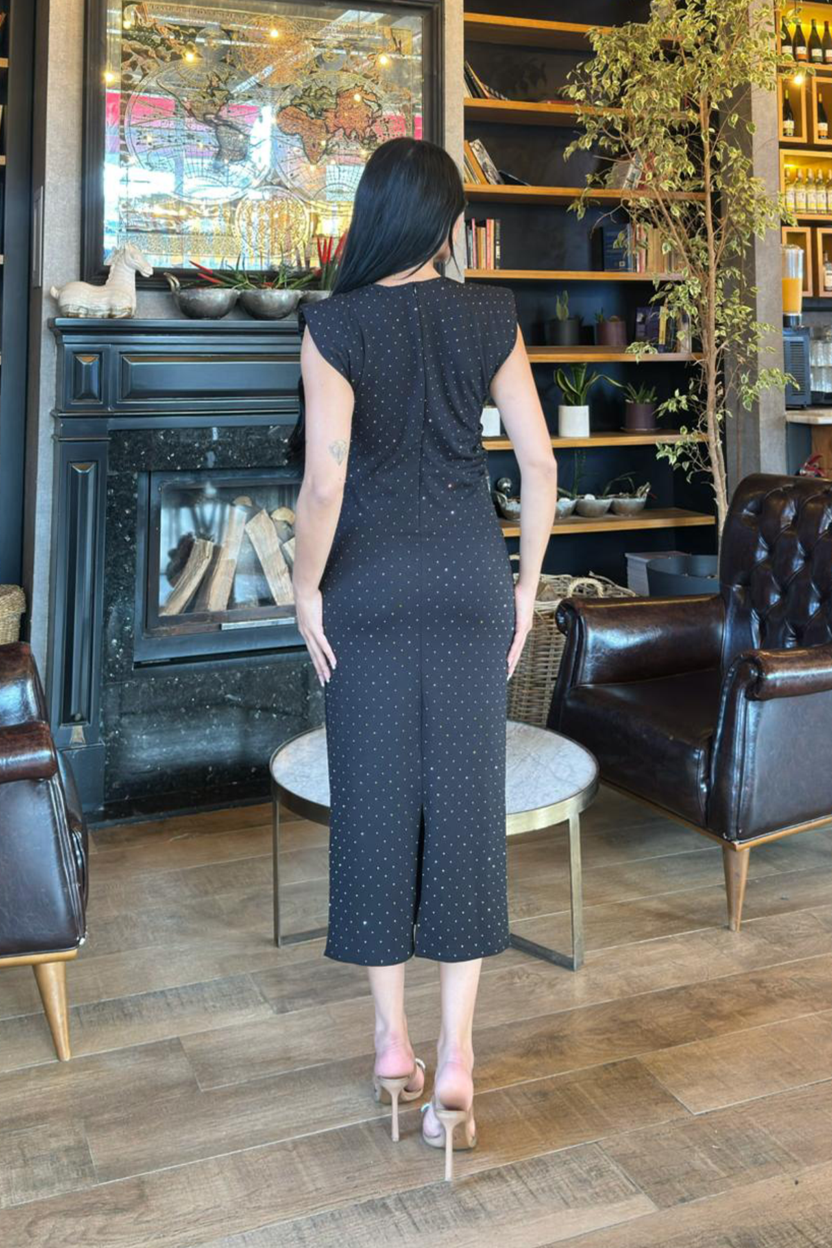 Yandan Dropeli Kolsuz Taşlı Elbise 50336