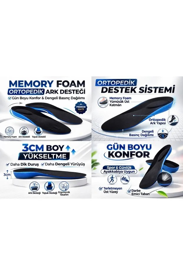 M2040 Boy Yükseltici Memory Foam Ark ve Topuk Destekli Tabanlık – Siyah