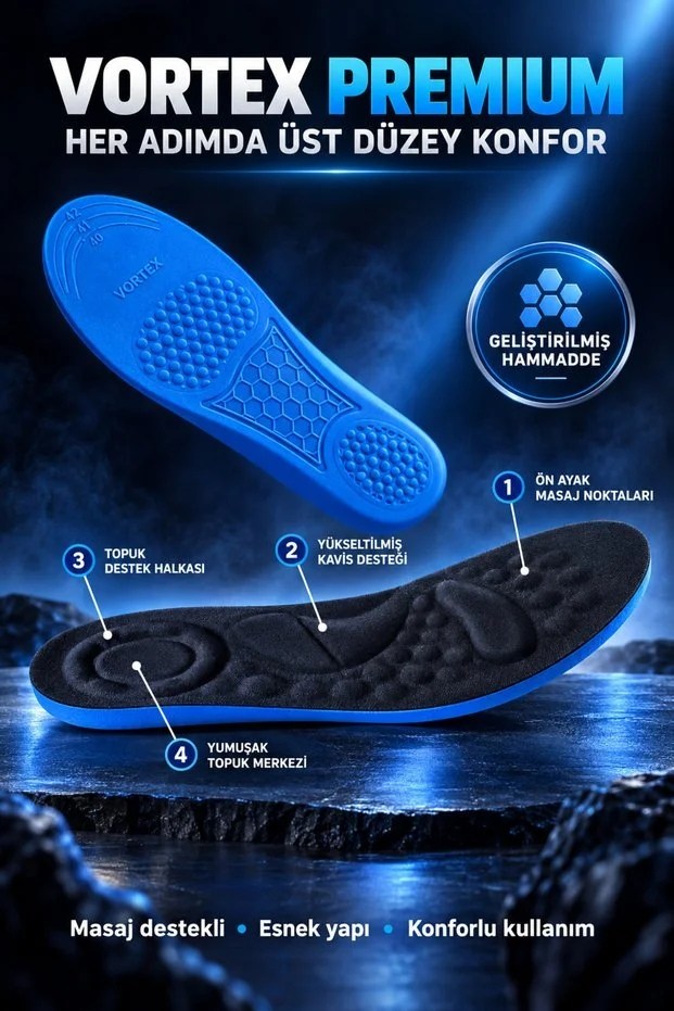 Vortex Premium Masaj Destekli Memory Foam Tabanlık – Kavis ve Topuk Destekli Siyah