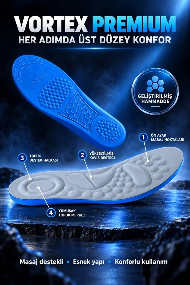 Vortex Premium Masaj Destekli Memory Foam Tabanlık – Kavis ve Topuk Destekli Gri