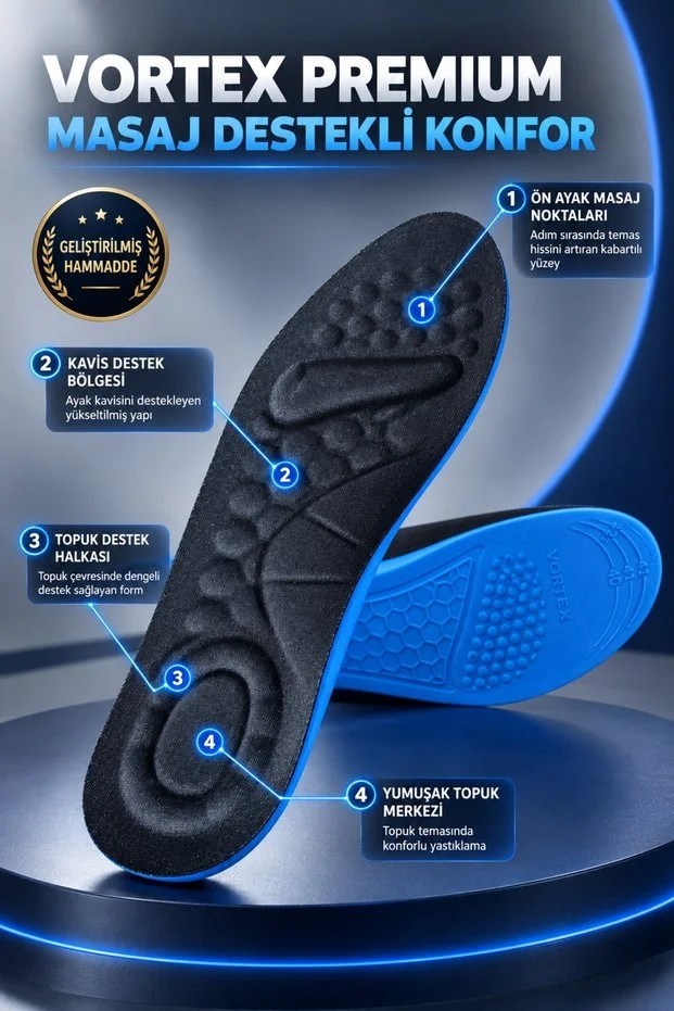 Vortex Premium Masaj Destekli Memory Foam Tabanlık – Kavis ve Topuk Destekli Siyah