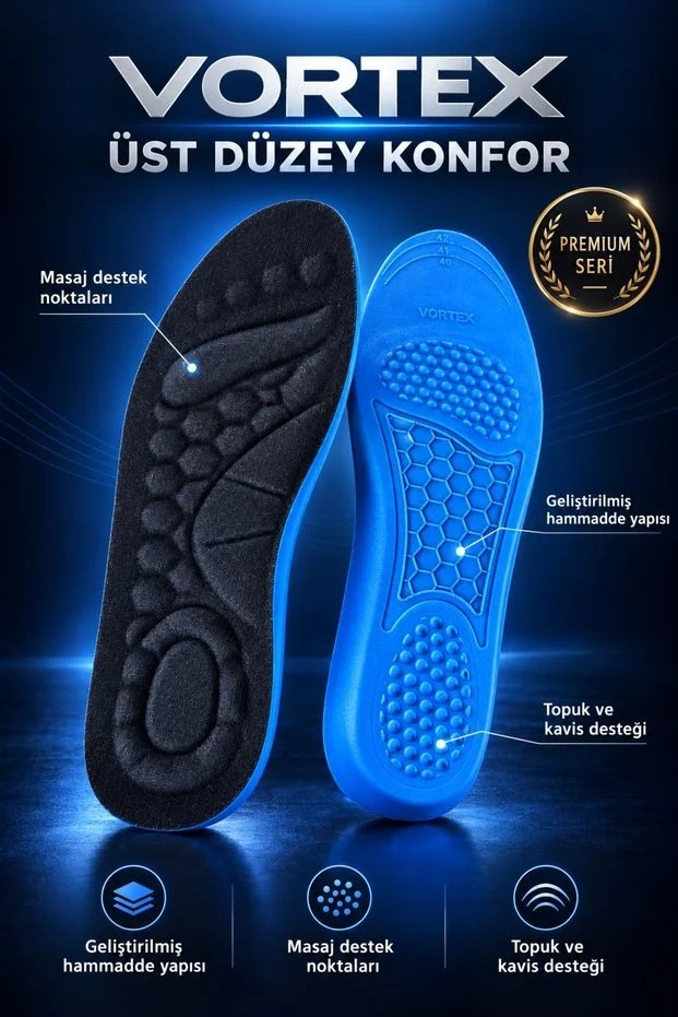 Vortex Premium Masaj Destekli Memory Foam Tabanlık – Kavis ve Topuk Destekli Siyah