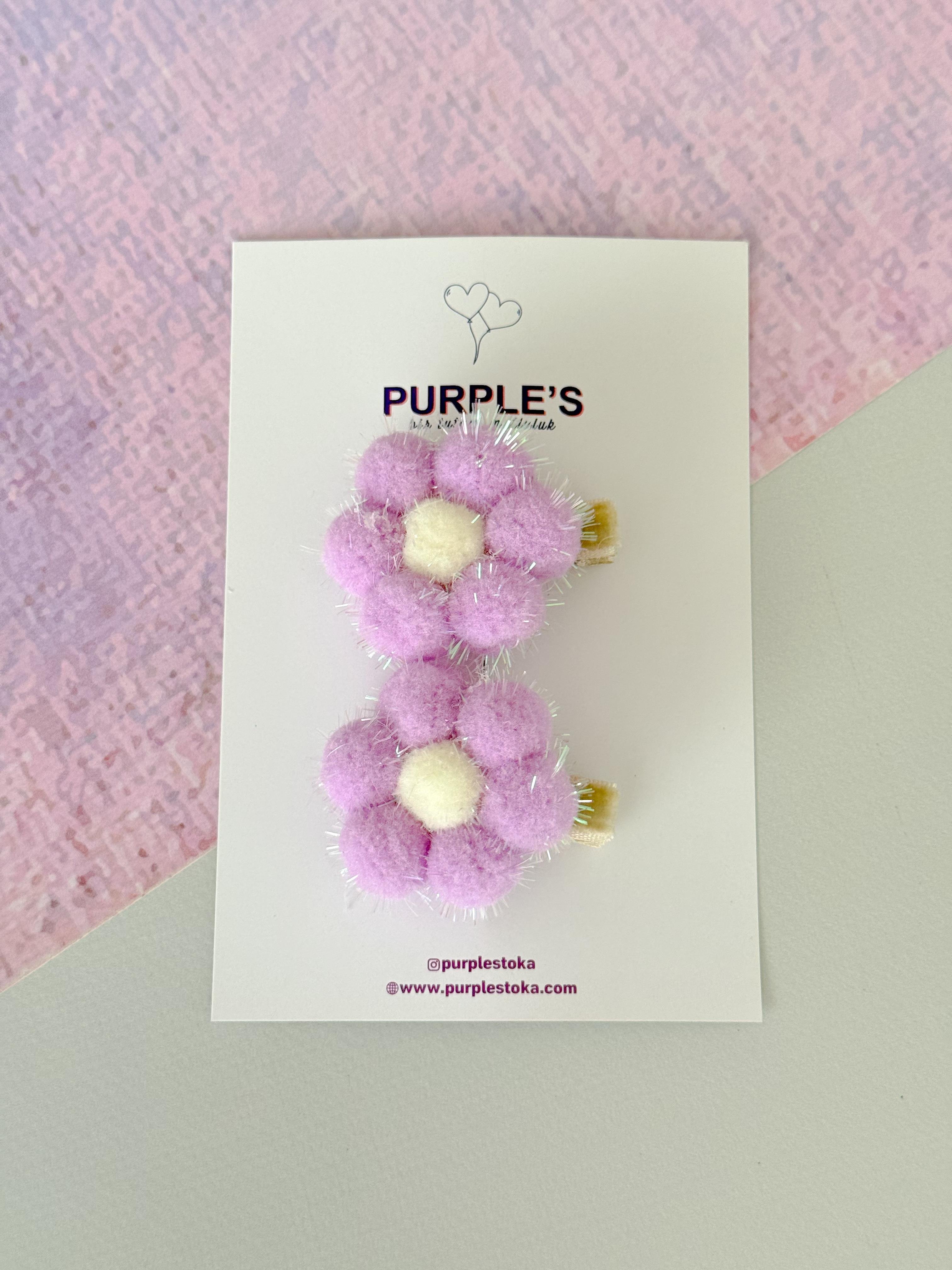 2'li Simli Soft Lila  Ponpon Detaylı Çiçek Model Pens Toka