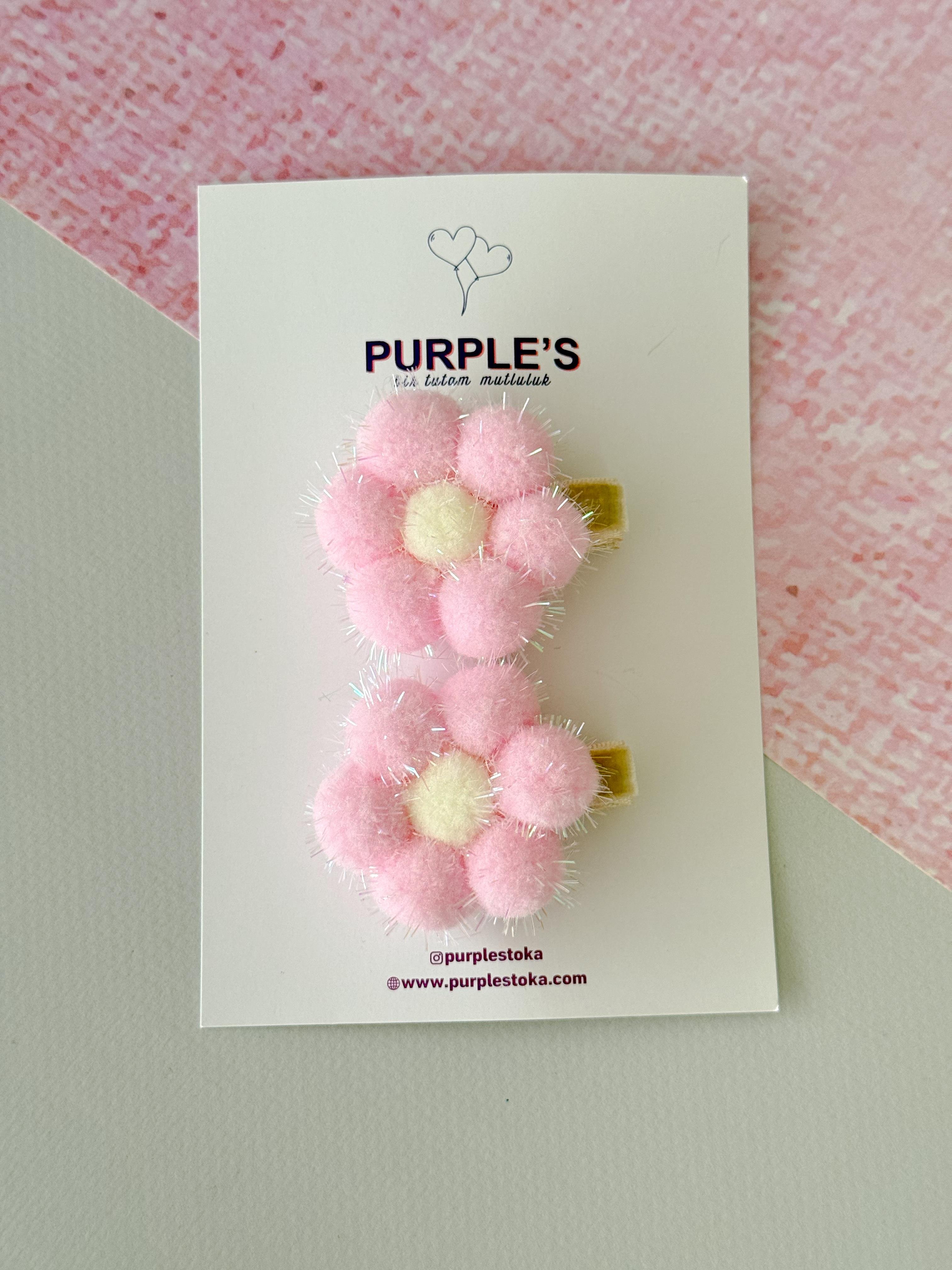 2'li Simli Soft Pembe Ponpon Detaylı Çiçek Model Pens Toka 