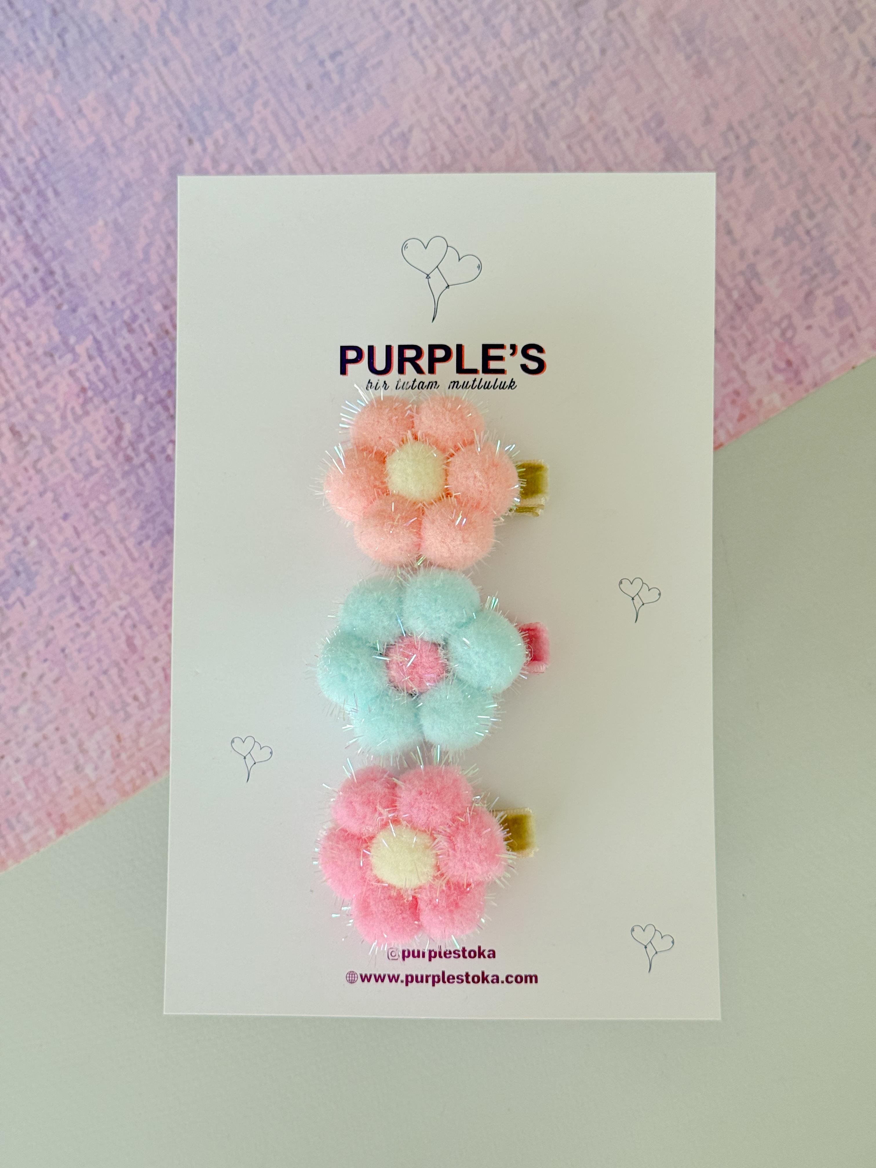 3'lü  Simli Soft Renkli Ponpon Detaylı Çiçek Model Pens Toka
