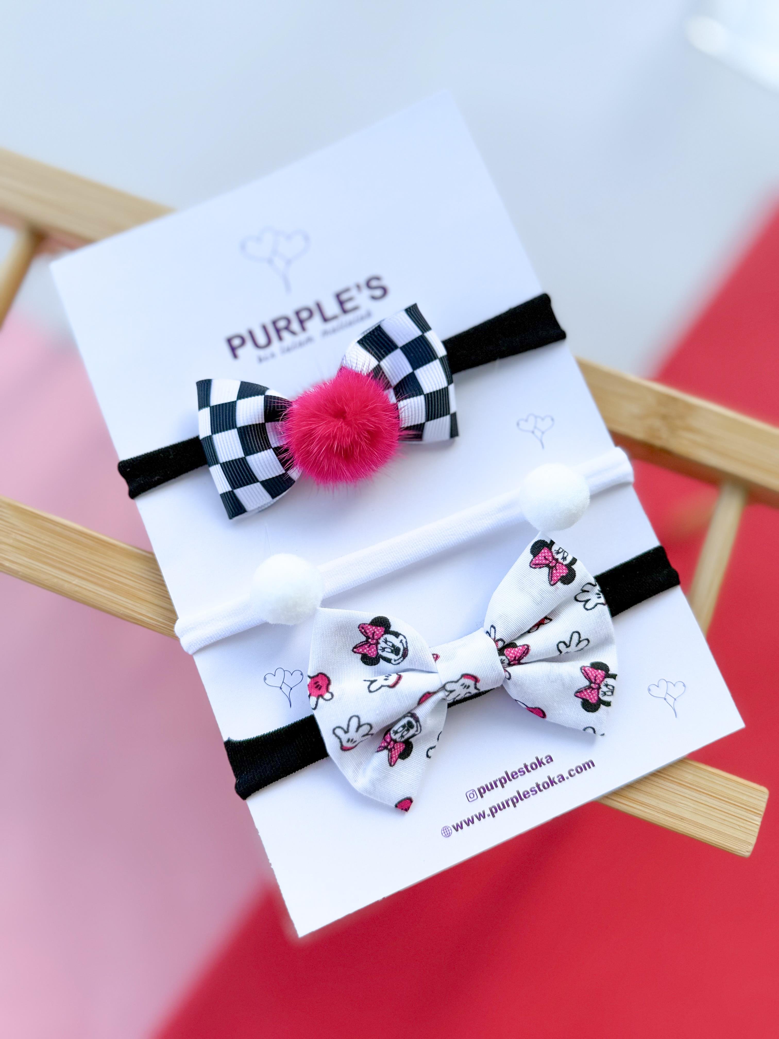 El İşçiliği Mickey Mause Ve Dama Desenli Fiyonk Ve Beyaz Ponponlu Yenidoğan Uyumlu Ultra Esnek Bebek Saç Bandı Seti 
