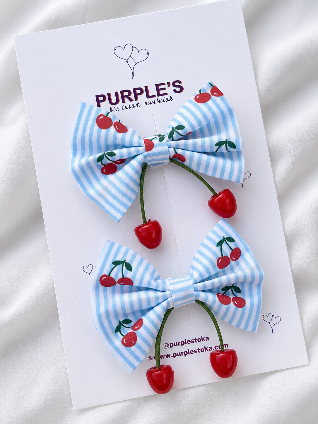 El Yapımı Kirazlı Fiyonk – Kiraz Sallantılı 2'li Toka Seti 🍒🎀