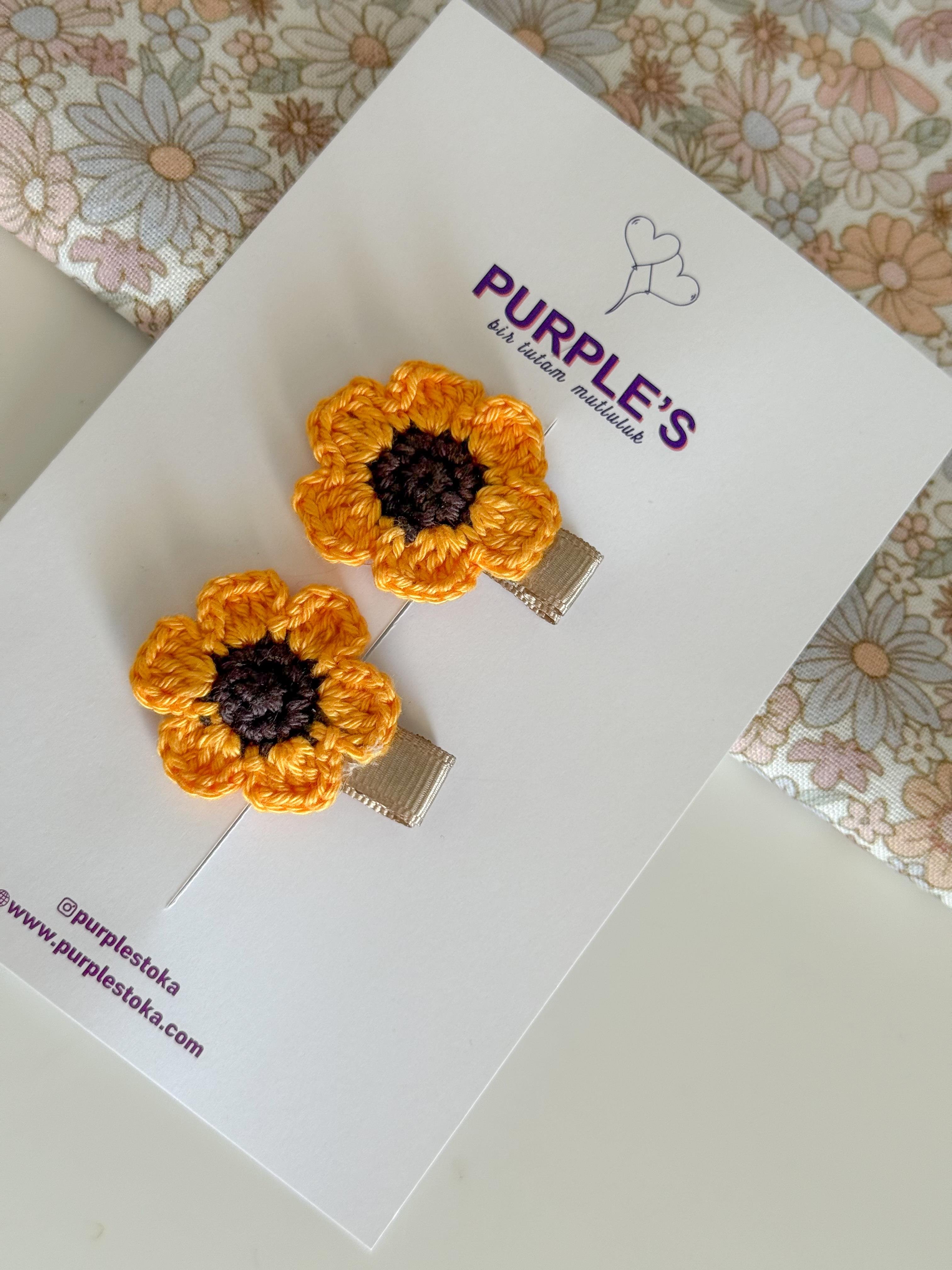 Hand Knitted Sunflower Clips Çift 