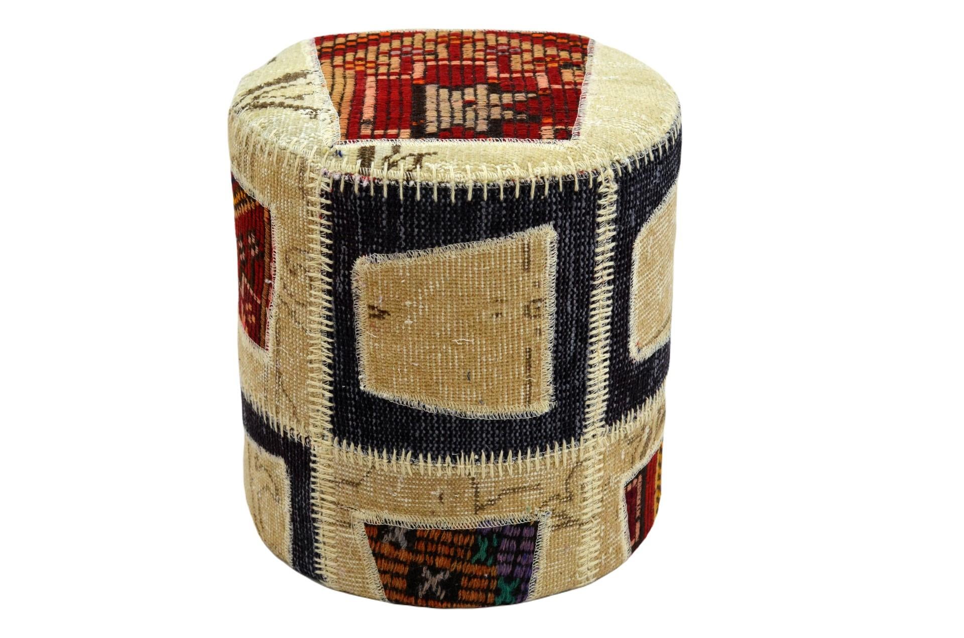 Madalyon Patchwork Puf Bej Karışık Silindir