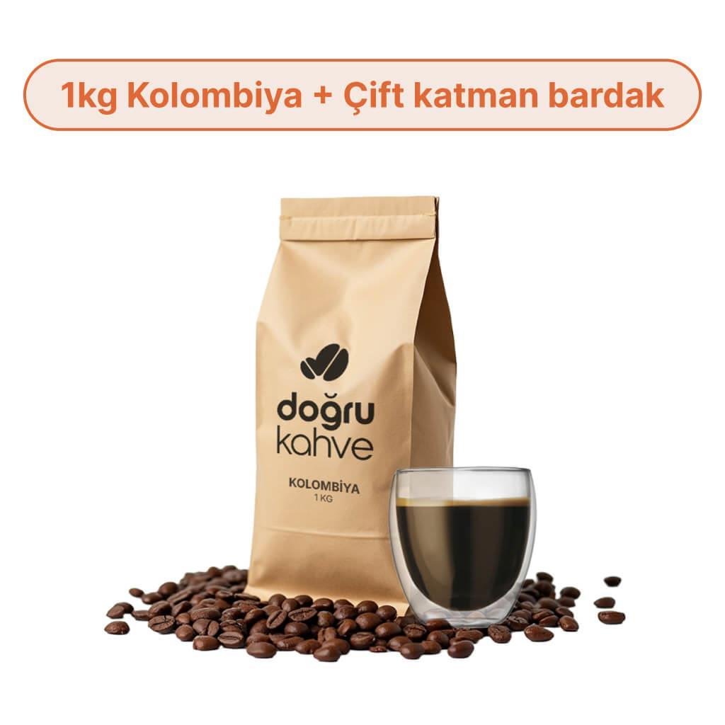 1 Kg Kolombiya Filtre Kahve + Çift Katmanlı Bardak 250 ml