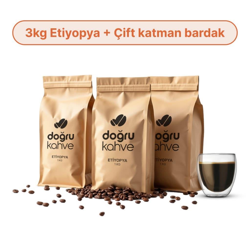 3 Kg Etiyopya Filtre Kahve + Çift Katmanlı Bardak 250 ml