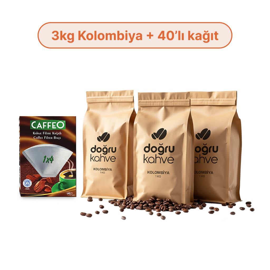 3 Kg Kolombiya Filtre Kahve + 40'lı Caffeo Filtre Kağıdı