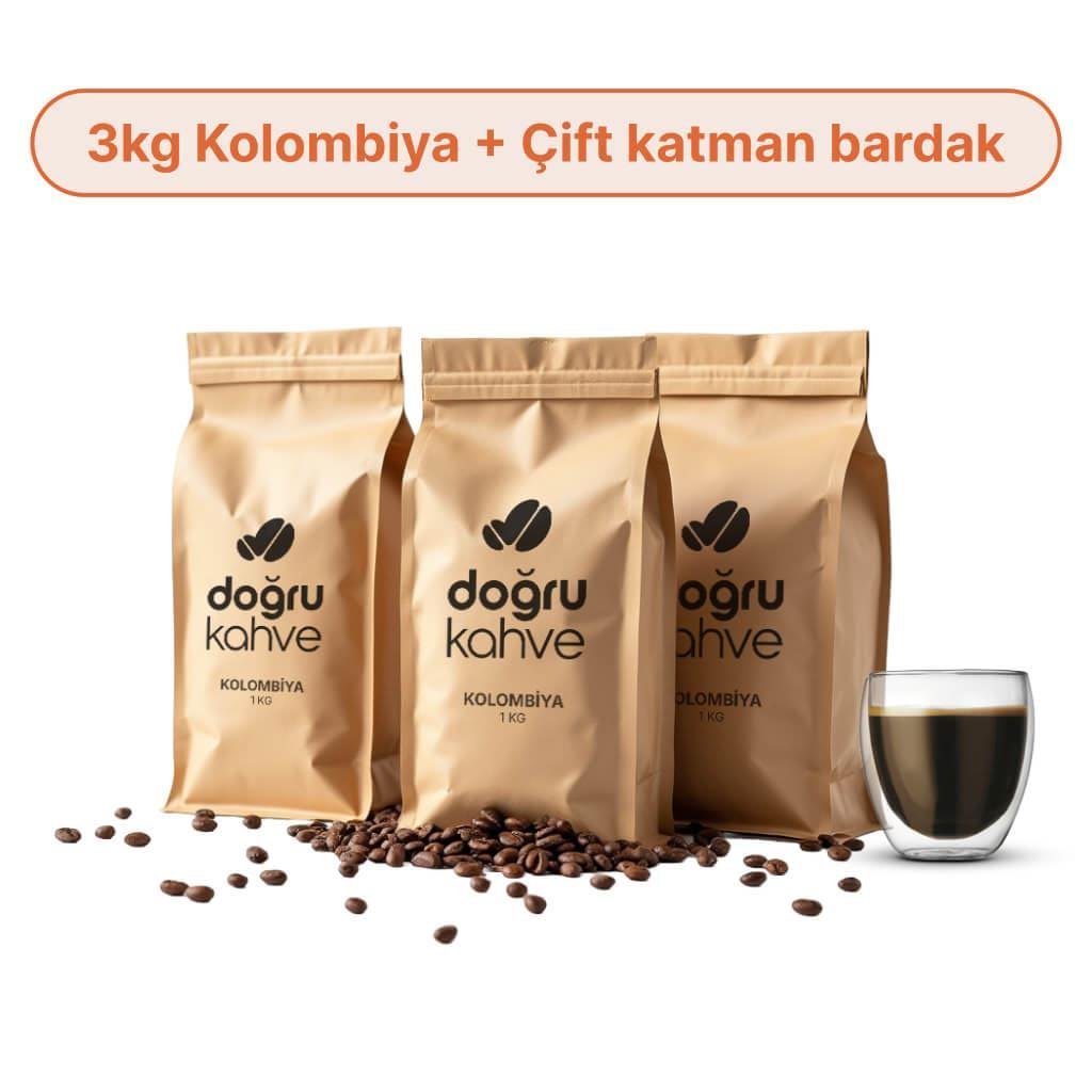 3 Kg Kolombiya Filtre Kahve + Çift Katmanlı Bardak 250 ml