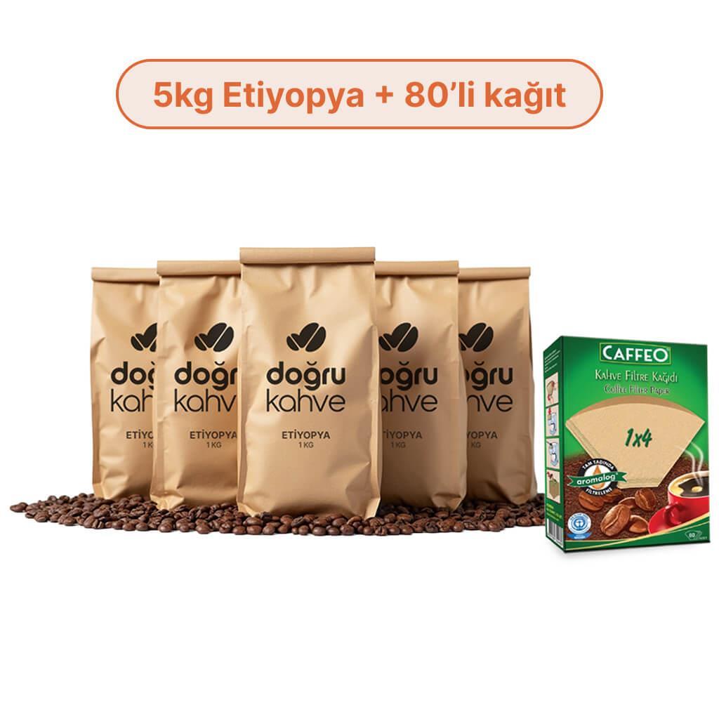 5 Kg Etiyopya Filtre Kahve + 80'li Caffeo Filtre Kağıdı