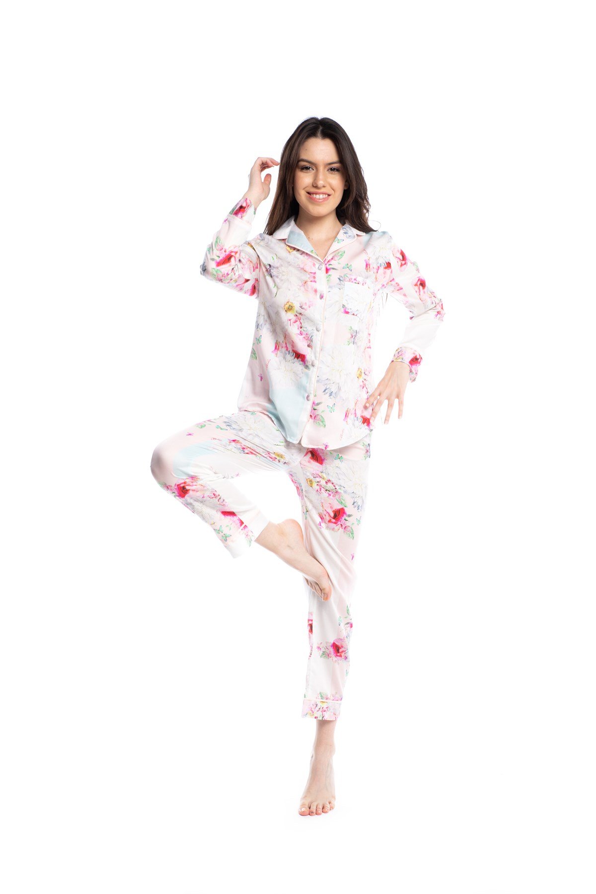 Çiçek Desenli Gömlek Bayan Pijama Takımı
