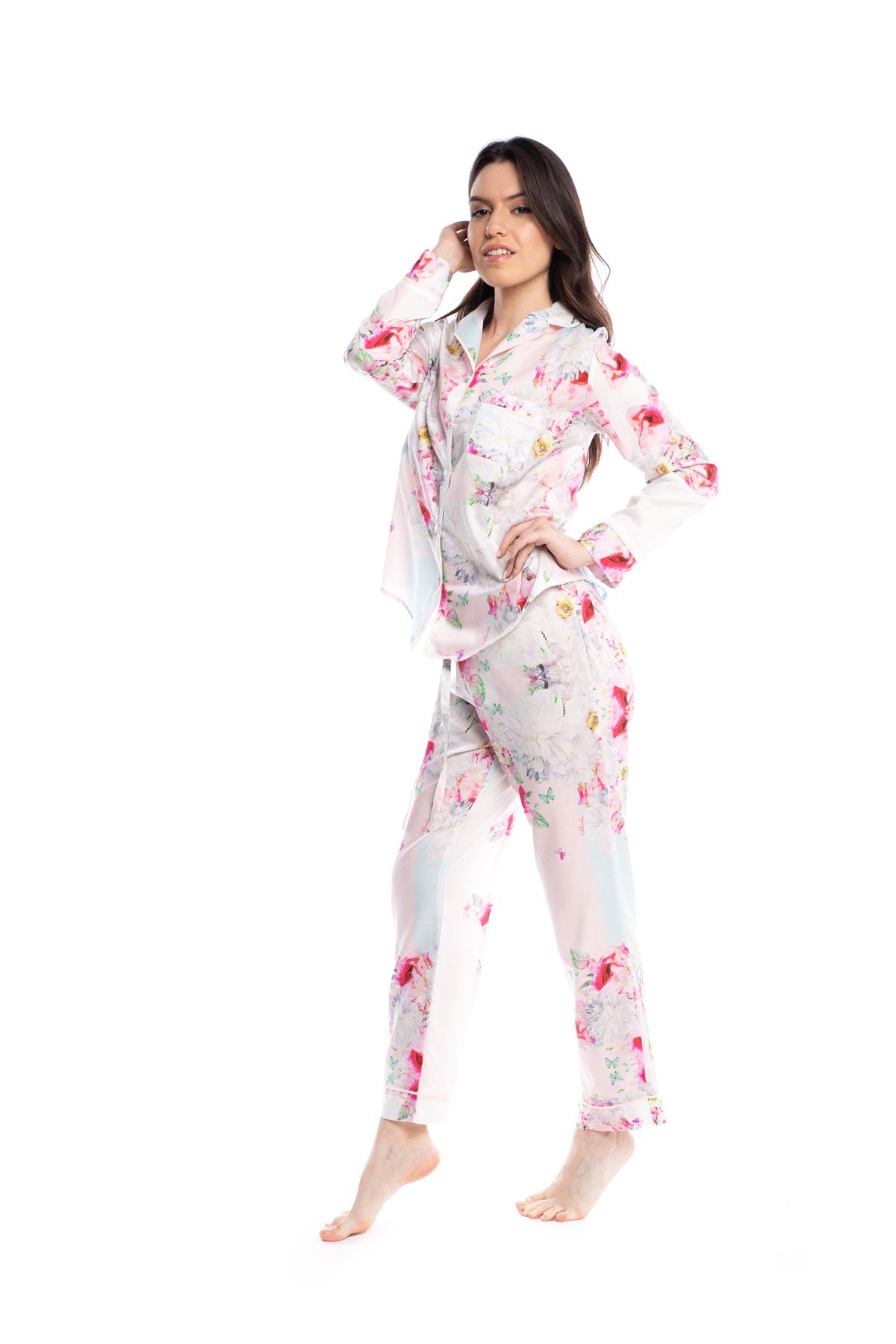 Çiçek Desenli Gömlek Bayan Pijama Takımı