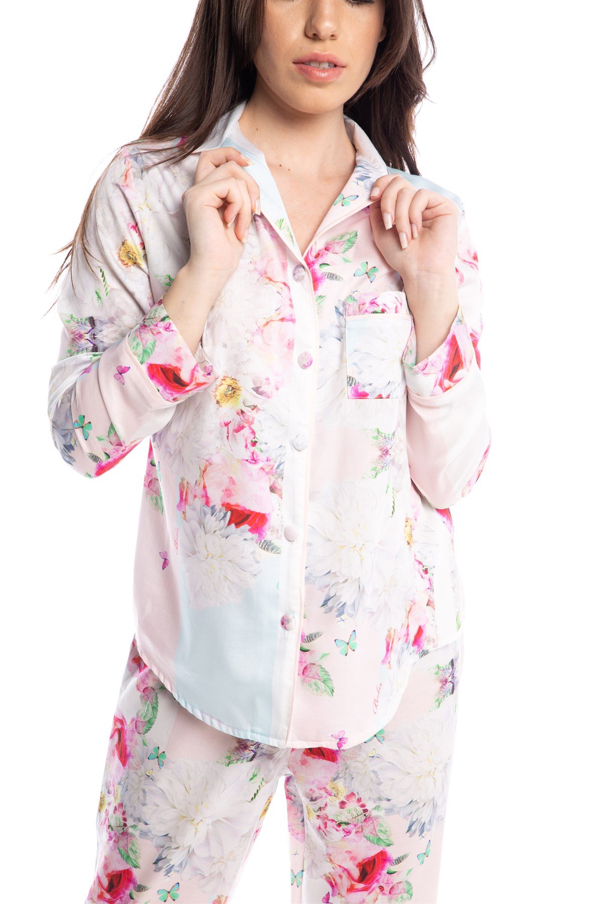 Çiçek Desenli Gömlek Bayan Pijama Takımı