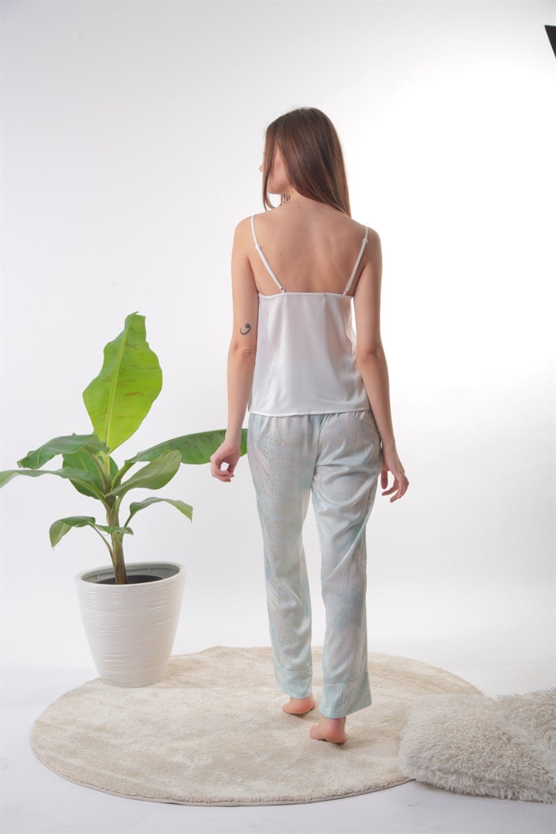 Dantel Detay Soft Desen Mavi Pijama Takımı