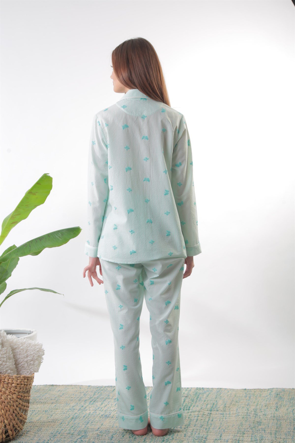 Düğmeli Kelebek Nakışlı Yeşil Pijama Takımı