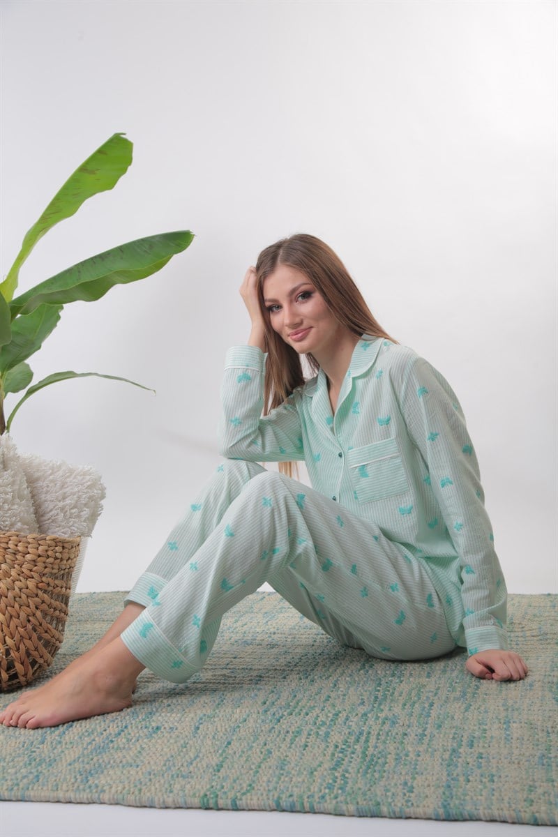 Düğmeli Kelebek Nakışlı Yeşil Pijama Takımı
