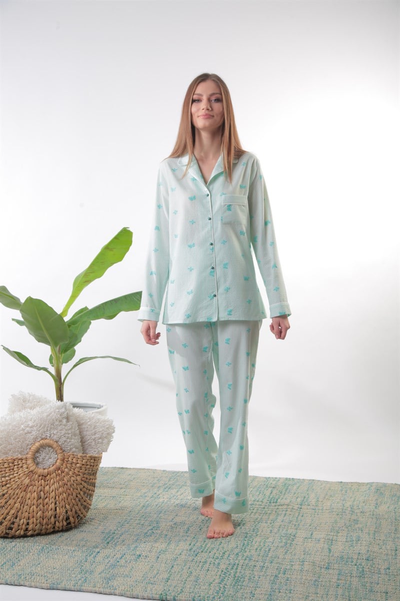 Düğmeli Kelebek Nakışlı Yeşil Pijama Takımı