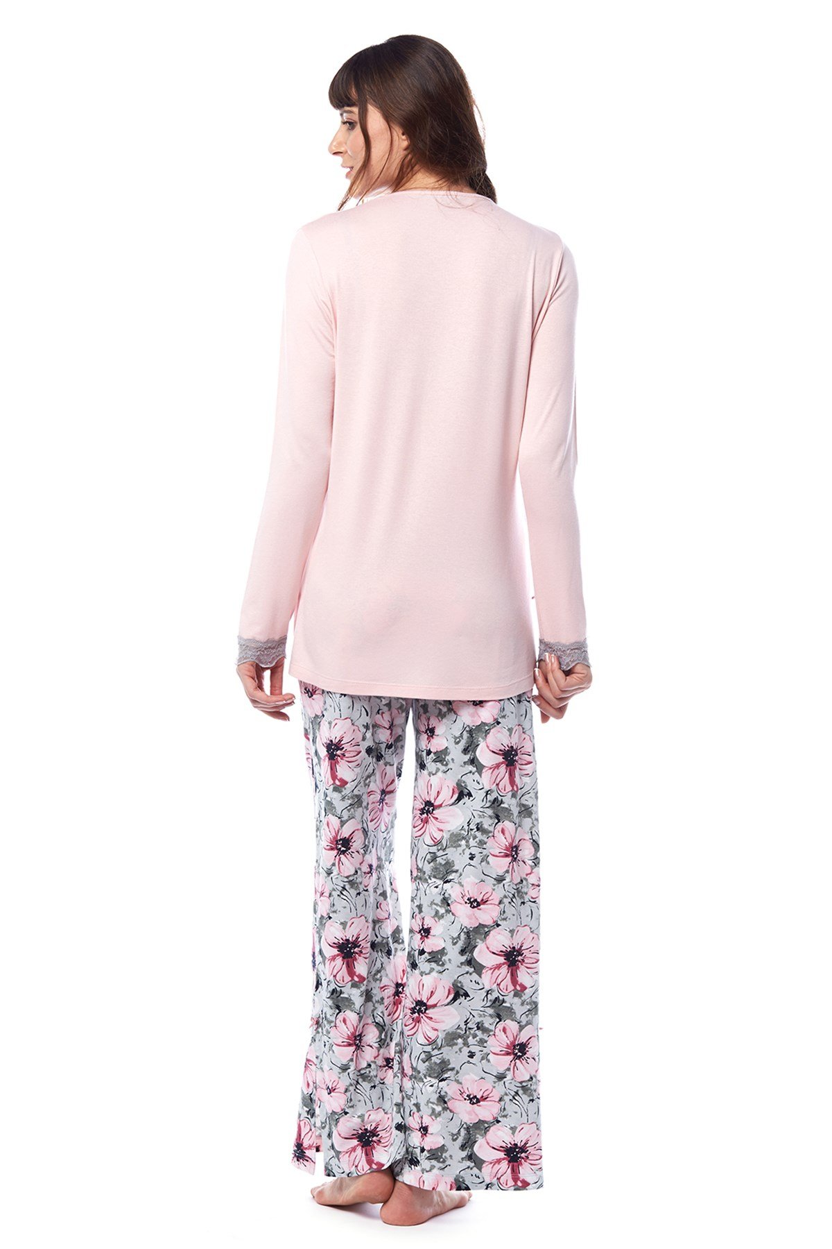 Kadın Büyük Çiçek Desenli Dantelli Pijama Takımı