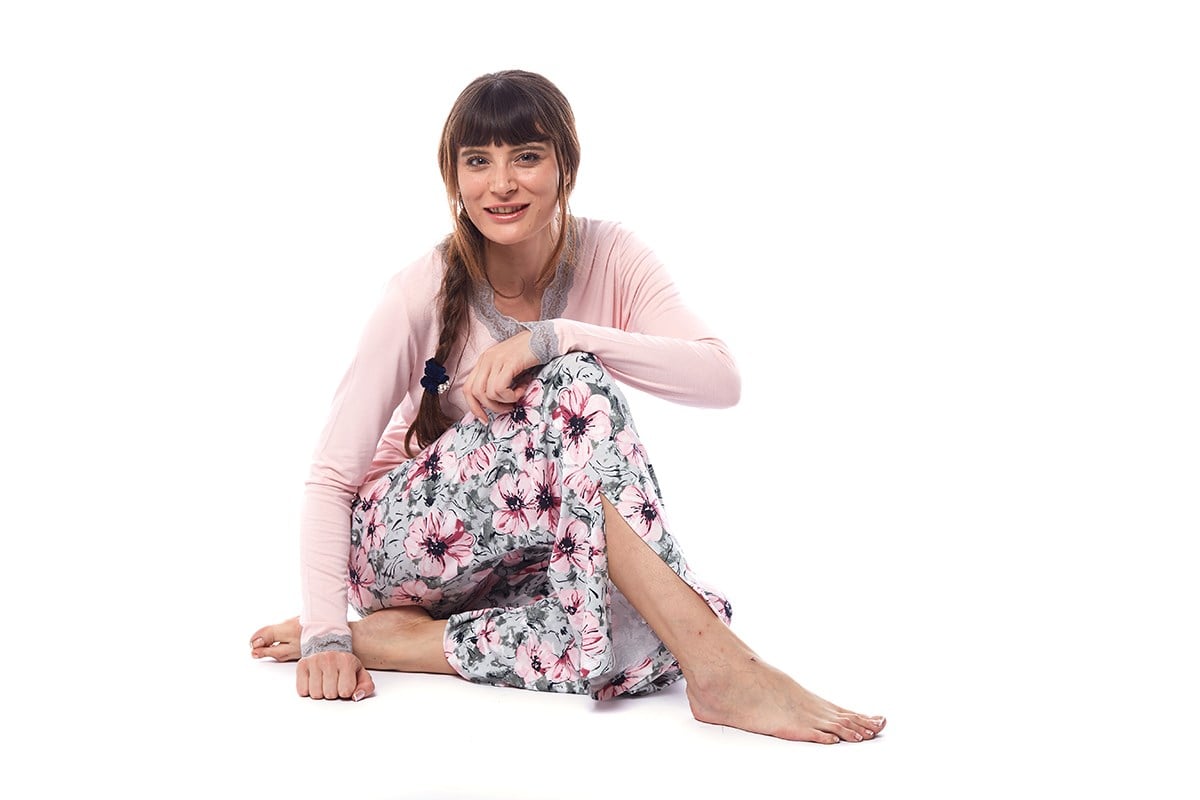 Kadın Büyük Çiçek Desenli Dantelli Pijama Takımı