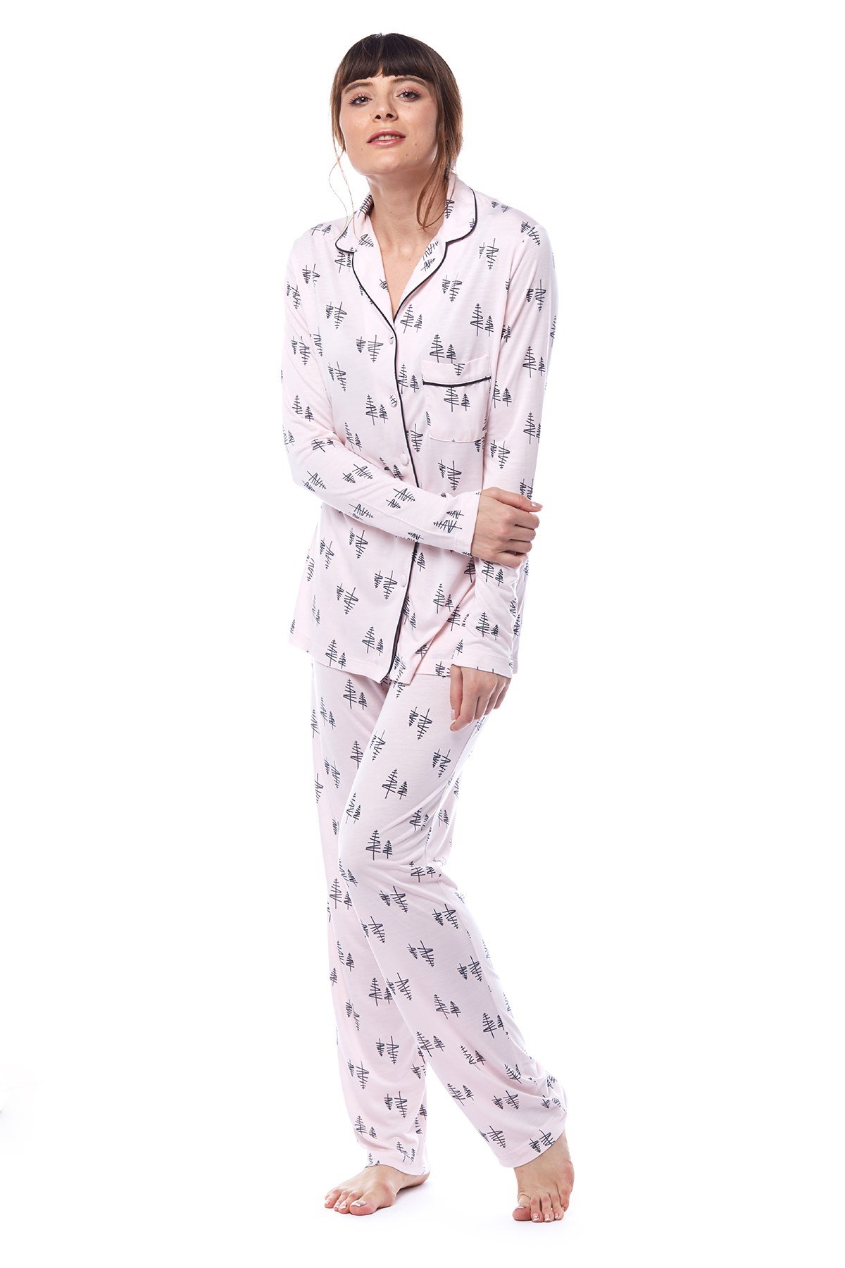 Kadın Çam Ağaç Desenli Gömlek Pijama Takımı